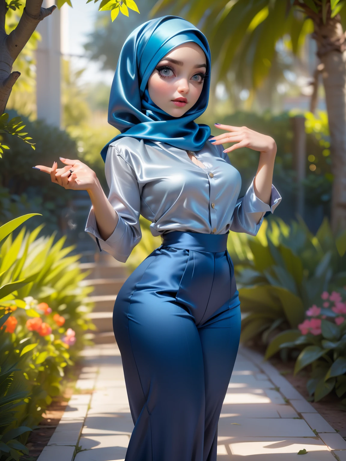 3DMM, ((Masterpiece, best quality, photography, detailed skin, realistic, photo-realistic, 8k, highly detailed, full length frame, High detail RAW color art, diffused soft lighting, shallow depth of field, sharp focus, hyperrealism, cinematic lighting, hijab, a woman in a beautifully makeup, smokey eyeshadow, beautiful big eyes, long eye lashes, wearing (Dark blue satin hijab), loosely tide hijab style, ((gray satin shirt)), satin long trousers , dancing under tree, garden