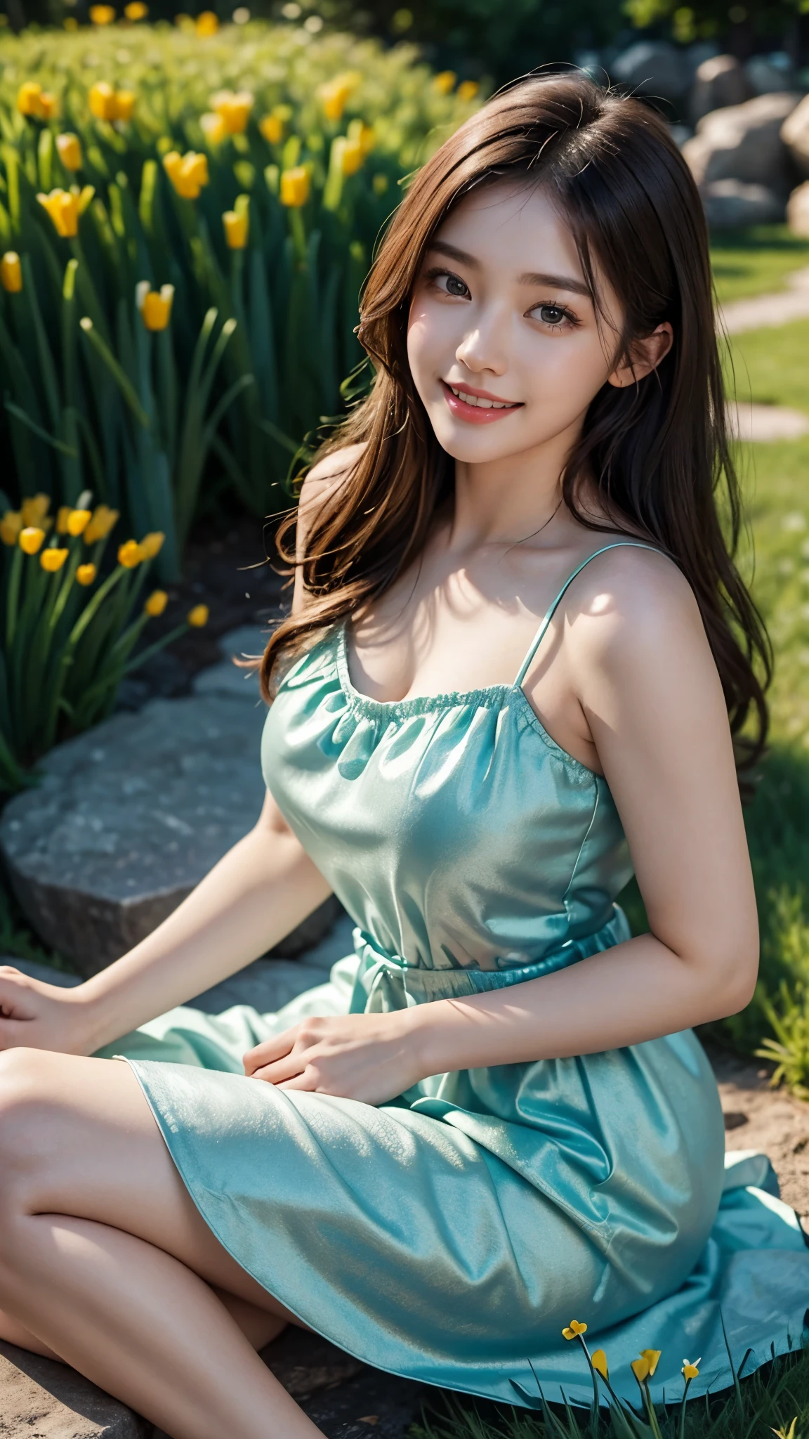 20 years beautiful Girl, korean Girl, 64K, (masterpiece: 1.4), Beautiful glitter seafoam Blue colour frock dress, frock knee length, nature background, beautiful smile, (smile: 1.2), detailed background, detailed dress, ultra HD image quality, sitting on green grass, crocus flower plants, Many Crocus plants, many flowers, 8D , CG unity 8k wallpaper, perfect figure, Young Girl, Falling leafs, Beautiful Nature, High resolution Dress Quality, high resolution Face, Hd, Ultra HD, ((Realistic:1.2)), Ultra Realistic, Young Round breasts, Tempting Figure,