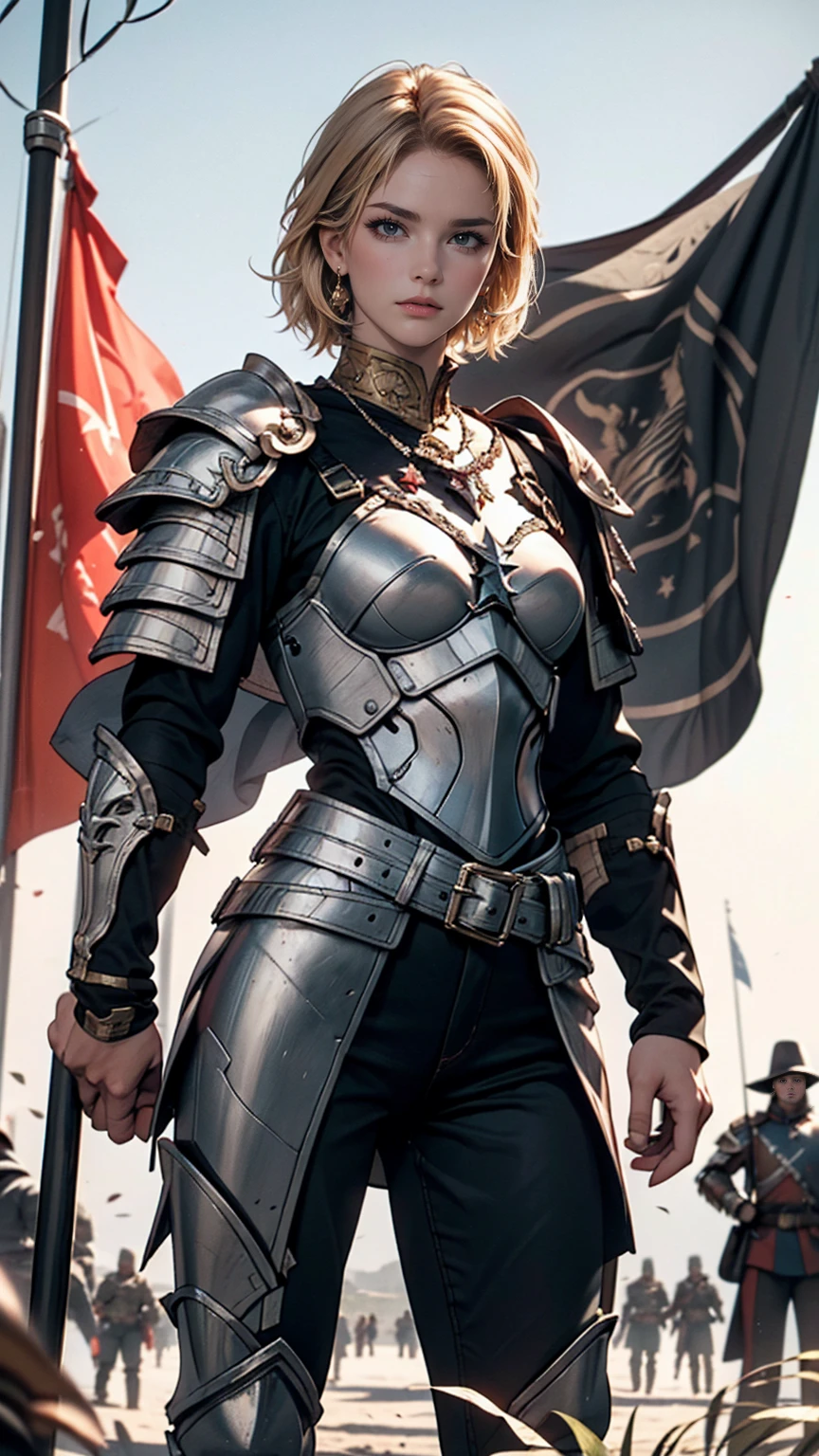 ((最high quality, 8K, masterpiece: 1.3, Ultra HD, high quality, 最high quality, High resolution, realism)) 、(High saturation:1.0), (Highly detailed skin), (最high quality:1.0), (超High resolution:1.0) ,(Realistic:1.0), (Very detailed:1.0), (8K, Raw photo:1.1), slender、Jeanne d'Arc、Wearing Western armor from head to toe、holding a pole with a flag on it、Nice body、I'm on top of a small hill、There are many knights in armor around.、It's a battlefield、There are many dead soldiers around