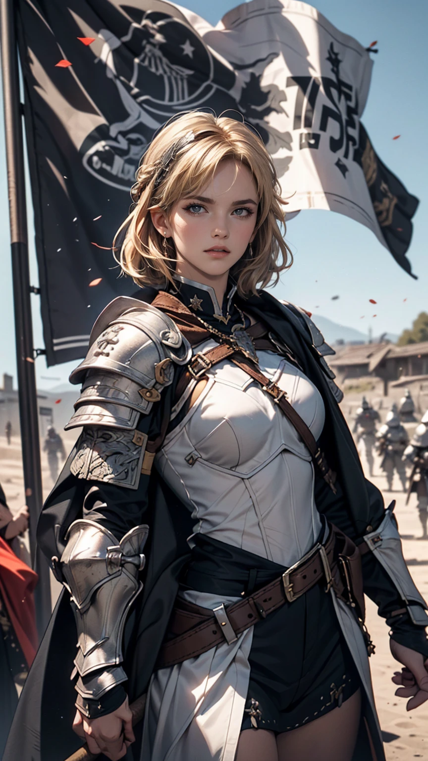 ((最high quality, 8K, masterpiece: 1.3, Ultra HD, high quality, 最high quality, High resolution, realism)) 、(High saturation:1.0), (Highly detailed skin), (最high quality:1.0), (超High resolution:1.0) ,(Realistic:1.0), (Very detailed:1.0), (8K, Raw photo:1.1), slender、Jeanne d&#39;Arc、Wearing Western armor from head to toe、holding a pole with a flag on it、Nice body、I&#39;m on top of a small hill、There are many knights in armor around.、It&#39;s a battlefield、There are many dead soldiers around