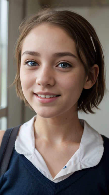 RAW UHD Format、Crystal Clear、nsfw,(Real photo)、18 year old blonde photo (blue eyesをした美しい女の子), (Well-trained body、Get six-pack)、healthy beautiful girl、Droopy eyes、blue eyes、(((very small breast bulge)))、 very unreasonable、highly detailed shiny eyes、super high quality, sharpness, Shallow depth of field, Crystal Clear, Cute face, The background is blurred,Fine skin pores , Intricate eye details、Fine skin、((short hair))、((No makeup))、((freckle face))、high school girl、So ridiculous、(((High School Uniform)))、(smile、LOL)