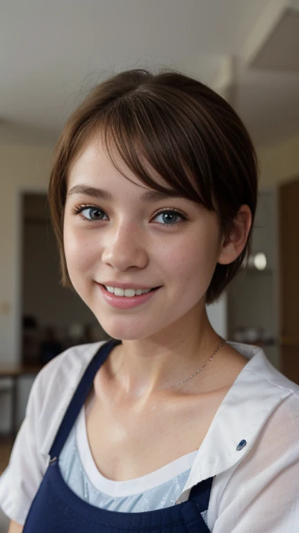 I'm 11 years old、Girl looking at the viewer with a smile. sunburn, Short-haired hair, White bra top,whole body