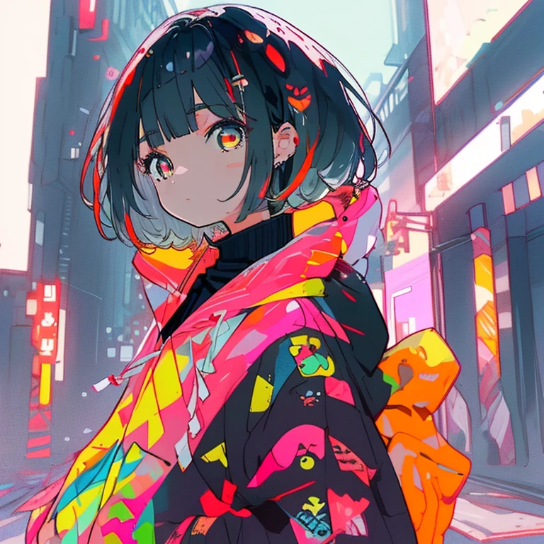 1 person、girl、Black Hair、short、Turn around、hoodie、neon