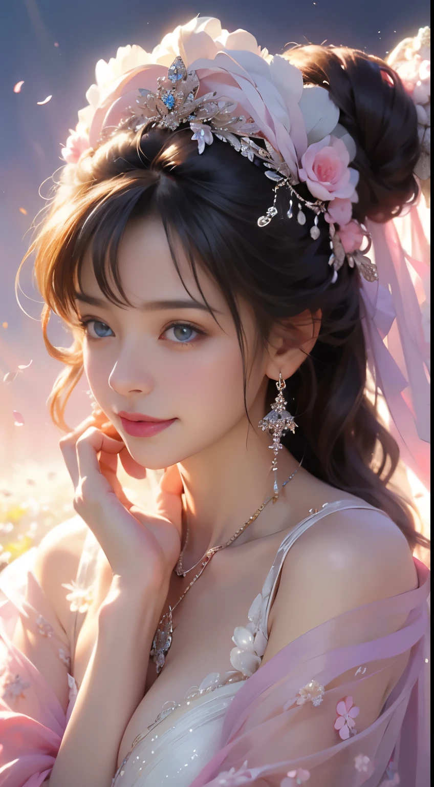 (highest quality,4k,8K,High resolution,masterpiece:1.2),Super detailed,(now,Realistically,realistic:1.37),girl in a luxurious blue dress,eyes were shining with joy, her lips were slightly curved,Show a gentle smile. The sun casts a warm golden light on her face, Complements her beauty even more. Flower colors are bright pink and purple、Rich in gentle pastel colors。, Create harmonious and visually pleasing works. soft and diffused lighting, Creates a fantastical and magical atmosphere. girl standing in the middle of the field, Please raise your arms a little, Enjoy the beauty of nature. Carefully Balanced Formula, girl'Off-center position, Create a sense of movement and vitality. The details of the flowers are very carefully drawn......, Carefully expressing each petal and leaf.. girl'The skirt wraps her elegantly, Adds elegance and femininity to the scene. all inclusive, Works that evoke joyful feelings, enshrine, and appreciation for the beauty of nature.smile