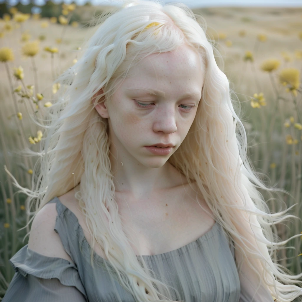 from below a girl, full body 16 y.o. trashy girl, ginger girl very pale skin full of freckles, very thin, very very large puffy ears, big long nose,flat stomach,(pink hairpins in her hair) and two pigtails on the deserted island after a shipwreck, soft lighting, dreamy atmosphere, light pastel colors, delicate bokeh, david hamilton style, high quality, intricate details, cinematic lighting, film grain, muted tones, warm tones, gentle smile, long hair, natural beauty, graceful pose, serene expression, lush foliage, outdoor setting, peaceful, romantic, feminine