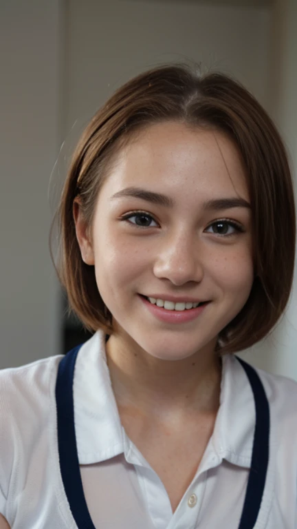 RAW UHD Format、Crystal Clear、nsfw,(Real photo)、18 year old blonde photo (blue eyesをした美しい女の子), (Well-trained body、Get six-pack)、healthy beautiful girl、Droopy eyes、blue eyes、(((very small breast bulge)))、 very unreasonable、highly detailed shiny eyes、super high quality, sharpness, Shallow depth of field, Crystal Clear, Cute face, The background is blurred,Fine skin pores , Intricate eye details、Fine skin、((short hair))、((No makeup))、((freckle face))、high school girl、So ridiculous、(((High School Uniform)))、(((smile、LOL)))