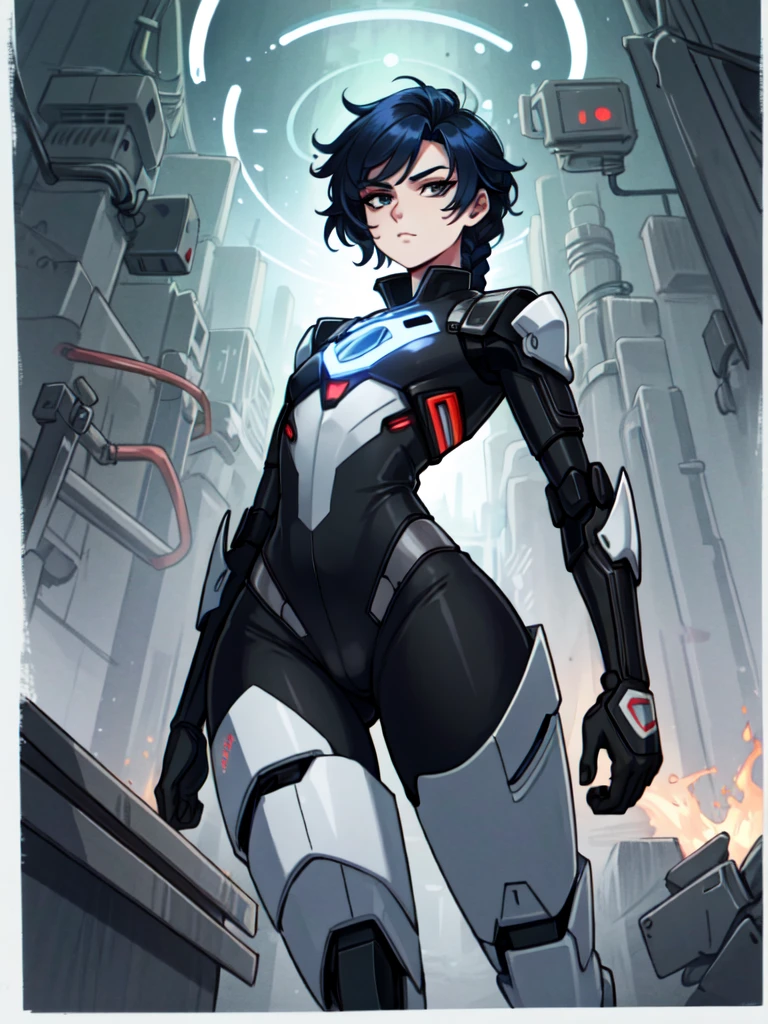 android, femboy, male, joints, robot, black eyes, midnight blue hair, circuits running through skin, braided hair, uniform, curvy, flat chest, male chest, 1boy, solo, wide hips, big ass