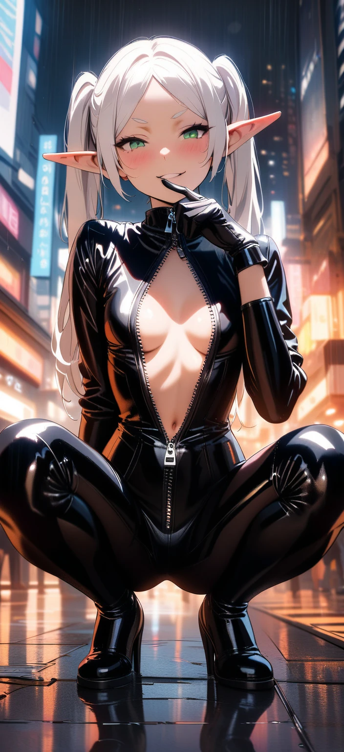 high-key and low-variance brightness scale,soft light,realistic light and shadow, light and dark interlaced,(wide shot:1.3),female focus,looking at viewer,dramatic angle,(solo:1.6)
(masterpiece),(best quality),(highres),(by famous artist),(((official art))),(by Paul Hedley),(illustration),
1girl,(frieren),(elf),agent female
(small breasts:1.3),(whole body),(round face),(pointy ears),(slim legs),(skinny body),(detailed beautiful face),lustrous skin,shiny skin,(articulated fingers),navel,stomach
(black latex suit:1.4),(zipper,center opening, unzipped,cleavage:1.3),long sleeves,gloves,leather pants,leather boots
outdoor,cyberpunk city, kowloon, rain,
((naughty face)),blush,((squatting)),sucking own finger
(green eyes:1.3)
(white hair),long hair,twintails,parted bangs,(reflective hair)