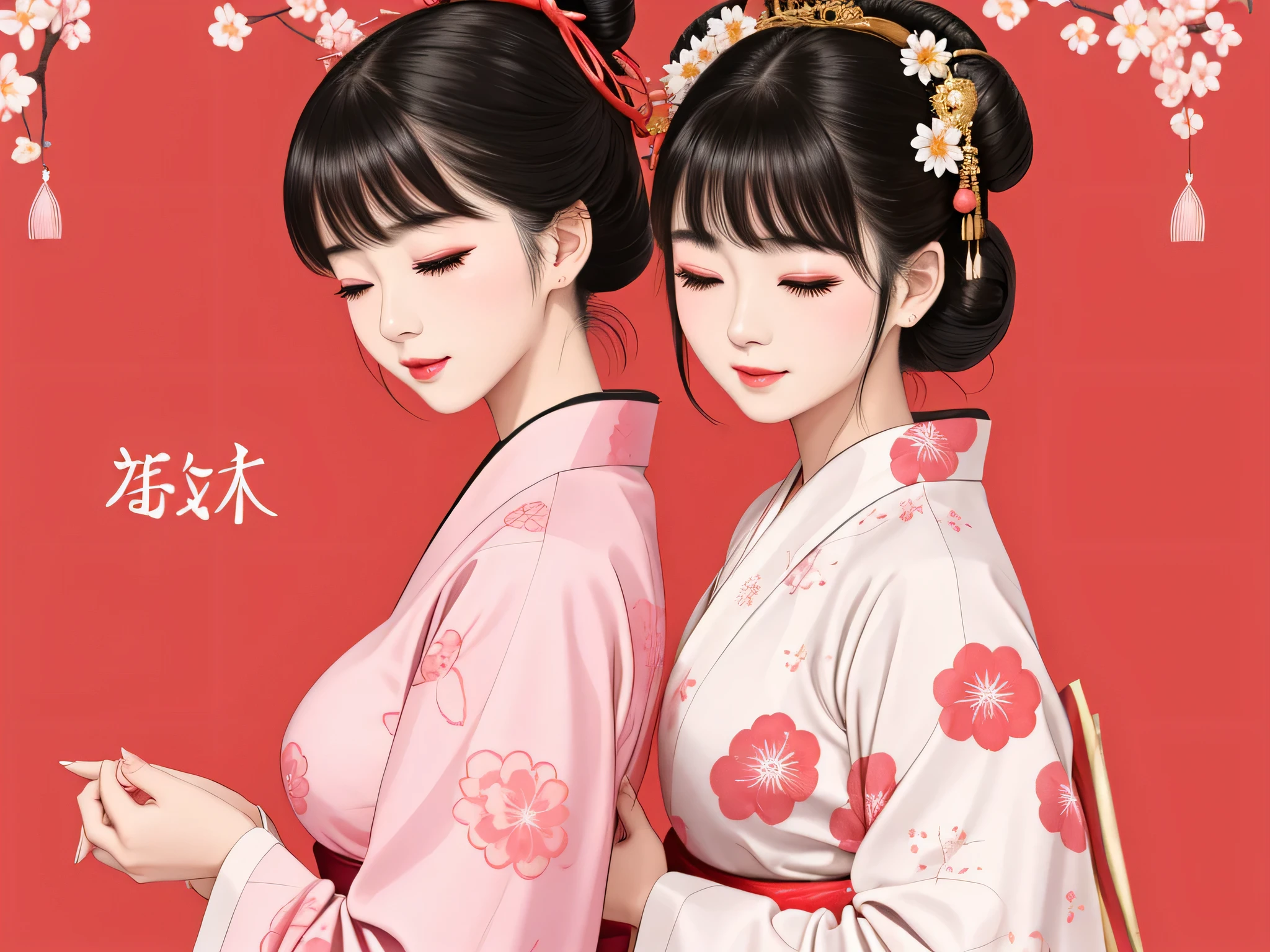 Each has a different expression2People and sisters、(2 girls)、⦅Dancing traditional performing arts gracefully)、((Big Breasts、Small Face、Not exposed))、highest quality、masterpiece、(Black Hair、Bun Hair)、Brown Eyes、⦅Wide angle、Angle from above, from the waist up、Pause on the magazine cover、Each person has a different perspective when looking into the distance⦆、(8K high quality、masterpiece、High resolution、Realistic and beautiful light and shadow、(highest quality)、(High Resolution)、(Very delicate and beautiful)、(Beautiful 8k face)、(Smiling and closing your eyes、Beautiful eyes)、(Clear skin)、(Soft hair)、(8Head to Body)、(A Japanese style yukata kimono with red, pink and orange floral patterns on a white background, interspersed with gold powder、Five beautiful Japanese girls wearing yukata)、((Tanabata decoration background))、((Small Face))、(arms up)、Thin and small nose、(Red lipstick)、(Make your cheeks red)、(Glossy skin)、((Ink painting style))、Very thin eyebrows、Overall ultra-high image quality、(She is wearing maiko-style makeup.)、Whitening、Long and beautiful eyelashes、Glowing Skin、(Red cheeks),Straight nose、masterpiece、highest quality、whole body、 Eyebrows visible through hair、Bun Hair、Grin、Gal、Kogal、Viewer's Eyes、Plaid、Stylish、woman、fine、Pause、
Waiting to start