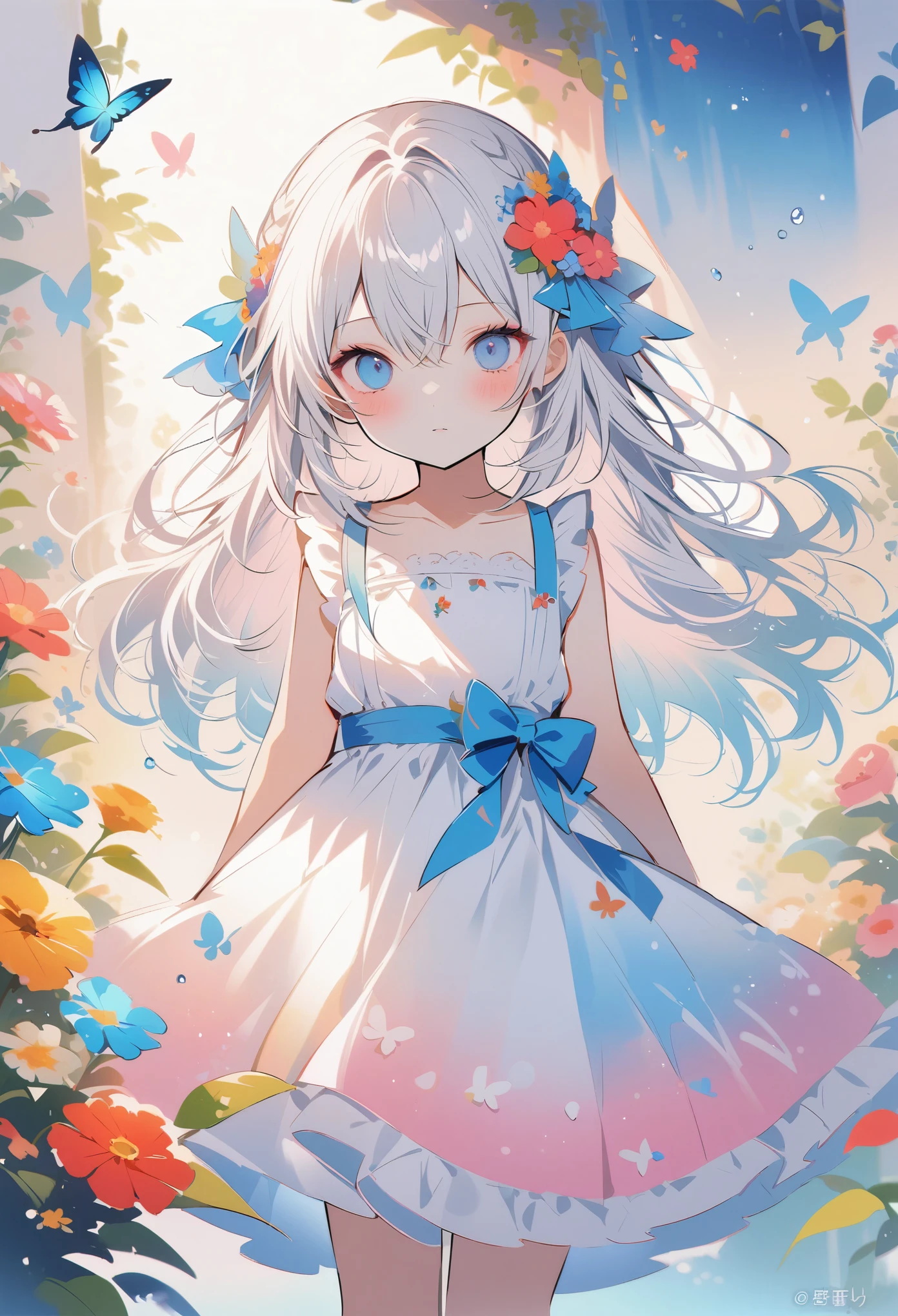 masterpiece,best quality,high quality,(colorful),Artist onineko,1girl,loli,flower,solo,hair ornament,dress,bug,butterfly,blue eyes,hair flower,long hair,holding,looking at viewer,blue flower,white dress,blue butterfly,bare shoulders,food,fruit,hair between eyes,strapless dress,strapless,jewelry,collarbone,white hair,blush,ribbon,standing,plant,closed mouth,bracelet,water drop,blue ribbon,leaf,