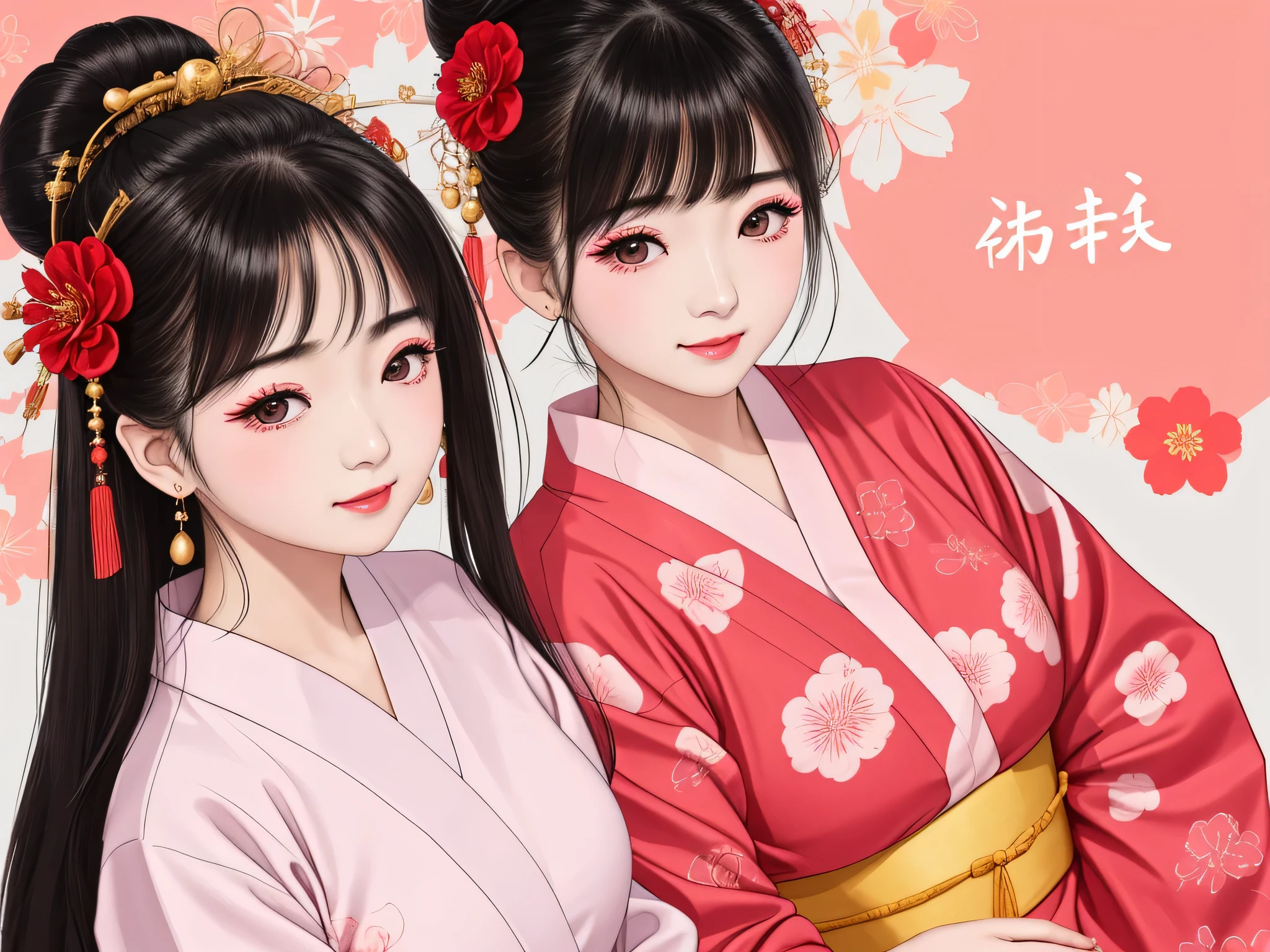 Each has a different expression２People and sisters、(２ girls）、｟Dancing traditional performing arts gracefully)、((Big Breasts、Small Face、Not exposed))、highest quality、masterpiece、（Black Hair、Bun Hair）、Brown Eyes、｟Wide angle、Angle from above, from the waist up、Pause on the magazine cover、Each person has a different perspective when looking into the distance｠、(８K high quality、masterpiece、High resolution、Realistic and beautiful light and shadow、(highest quality)、(High Resolution)、(Very delicate and beautiful)、(Beautiful 8k face)、(Smiling and closing your eyes、Beautiful eyes)、(Clear skin)、(Soft hair)、(８Head to Body)、(A Japanese style yukata kimono with red, pink and orange floral patterns on a white background, interspersed with gold powder、Five beautiful Japanese girls wearing yukata)、((Tanabata decoration background))、((Small Face))、(arms up)、Thin and small nose、（Red lipstick）、（Make your cheeks red）、（Glossy skin）、((Ink painting style))、Very thin eyebrows、Overall ultra-high image quality、（She is wearing maiko-style makeup.）、Whitening、Long and beautiful eyelashes、Glowing Skin、（Red cheeks）,Straight nose、masterpiece、highest quality、whole body、 Eyebrows visible through hair、Bun Hair、Grin、Gal、Kogal、Viewer&#39;s Eyes、Plaid、Stylish、woman、fine、Pause、
Waiting to start 
