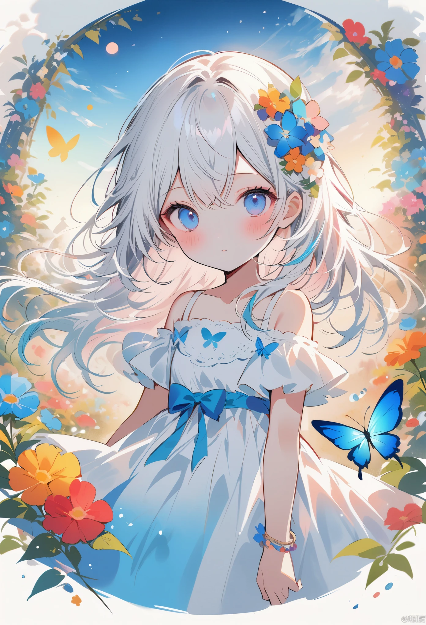 masterpiece,best quality,high quality,(colorful),Artist onineko,1girl,loli,flower,solo,hair ornament,dress,bug,butterfly,blue eyes,hair flower,long hair,holding,looking at viewer,blue flower,white dress,blue butterfly,bare shoulders,food,fruit,hair between eyes,strapless dress,strapless,jewelry,collarbone,white hair,blush,ribbon,standing,plant,closed mouth,bracelet,water drop,blue ribbon,leaf,