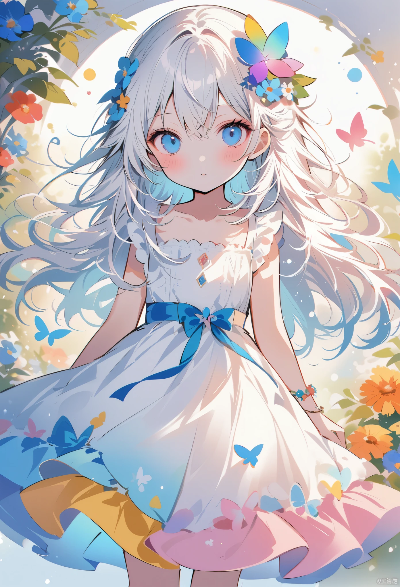 masterpiece,best quality,high quality,(colorful),Artist onineko,1girl,li,flower,solo,hair ornament,dress,bug,butterfly,blue eyes,hair flower,long hair,holding,looking at viewer,blue flower,white dress,blue butterfly,bare shoulders,food,fruit,hair between eyes,strapless dress,strapless,jewelry,collarbone,white hair,blush,ribbon,standing,plant,closed mouth,bracelet,water drop,blue ribbon,leaf,