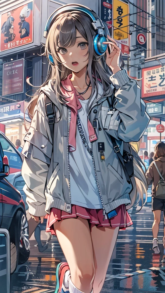 (masterpiece), (highest quality:1.4), (Ultra-high resolution:1.2),  Highly detailed background, (unity 8k wallpaper), e high school girl wearing headphones walking through the streets of Tokyo。Illustrations inspired by city pop culture、、Wear loose socks for a stylish and nostalgic look、Display one subject without splitting the screen、17 ll