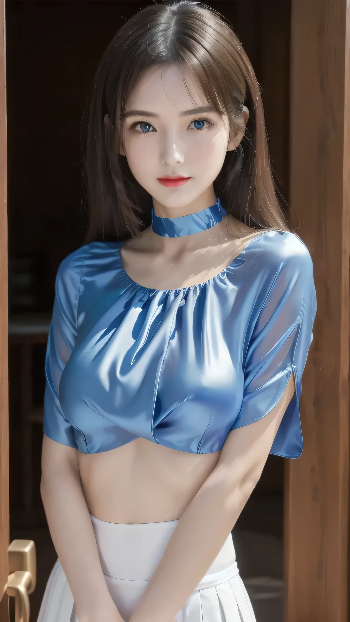 1 female々,White glossy skin, Age 25, A small, elegant face, Red lips, Parted lips, ( Hair parted to one side:1.5), blue eyes, smile, Elegant young woman, Shiny Hair, choker,（Blue silk blouse :1.3)（Silver metallic silk pleated skirt :1.3), (Blue pumps:1.2),  Natural wavy hair, Slender figure, milk, Tight waist, Beautiful Hands, Narrow shoulders, View here, Broadleaf forest in the daytime