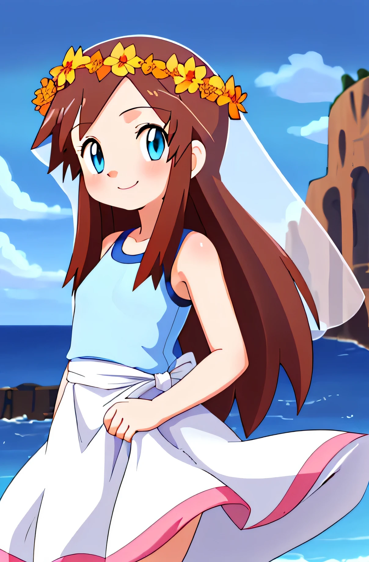 Melody_Pokemon, blue eyes, long hair, brown hair, sleeveless white dress, blue tank top, bridal veil, flowers, head wreath, smile, ocean, cliff, cowboy shot, facing viewer,, absurdres, ultra detailed, masterpiece, best quality, Teenager
