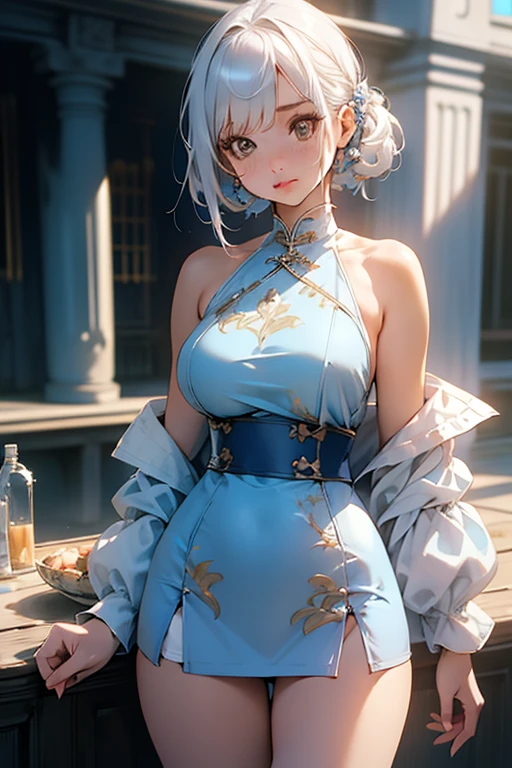 anime,1girl,pov,masterpiece,high quality,High resolution,HD,4K,8K,viscous paint,photo realistic,white hair,(Blue clothe:1.5),Nurse,(Ao Dai:1.2),Cape,(open shoulders:1.4),underbust,(breastshaping:1.2),(boob shaped clothes:1.3),mini tight Skirt,Clothes full of gaps