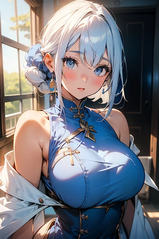 anime,1girl,pov,masterpiece,high quality,High resolution,HD,4K,8K,viscous paint,photo realistic,white hair,(Blue clothe:1.5),Nurse,(Ao Dai:1.2),Cape,(open shoulders:1.4),underbust,(breastshaping:1.2),(boob shaped clothes:1.3),mini tight Skirt,Clothes full of gaps