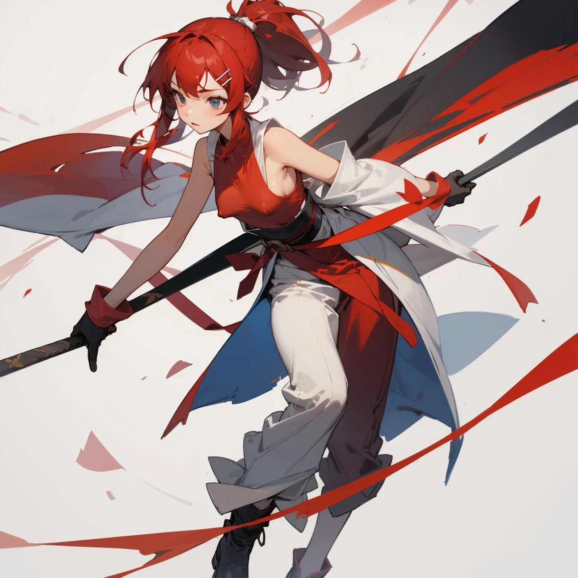 ((highest quality)), ((masterpiece)), (Become familiar with), 1 girl, alone, Black Hair,ponytail,White kimono,black sleeveless,red hair clip,Red belt, ,slender,Long Hair,Small breasts, gloves,boots, Erect nipples
