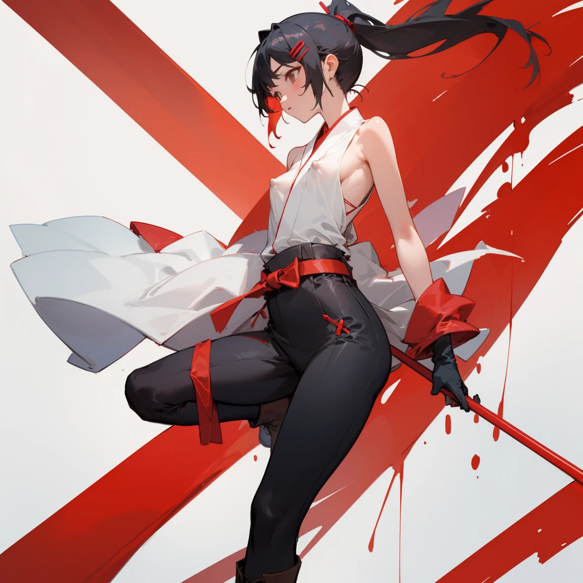 ((highest quality)), ((masterpiece)), (Become familiar with),  1 girl, alone, Black Hair,ponytail,White kimono,black sleeveless,red hair clip,Red belt, ,slender,Long Hair,Small breasts, gloves,boots, Erect nipples,Wrap a cloth around your chest