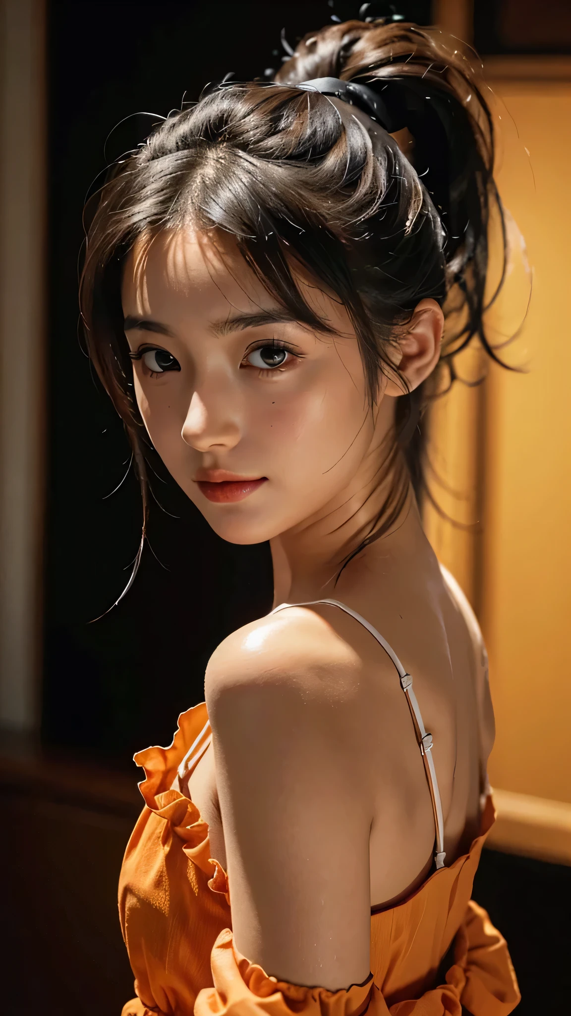 Spotlight on stage,close-up of face,One woman,fully body photo,masutepiece, The highest image quality, High quality, the background is clear,Beautiful woman, Japanese, Detailed, Detailed eyes, Detailed skin, Beautiful skin, 超hight resolution, (reality: 1.4),Very beautiful woman, Slightly younger face, Beautiful skin, slender, (Ultra photo realsisim), (hight resolution), (8K), (Very detailed) (beautifully detailed eyes), (super detailed), (Detailed face), view the viewer, Fine details, Detailed face, Staring straight ahead, Staring straight ahead, photos realistic, Bright lighting, Professional Lighting, Black hair,poneyTail,a ,sixteen ye is ponytail,long ponytail hairstyle,slight smile,Orange colored long dress with lots of ruffles, softly shaped skirt,