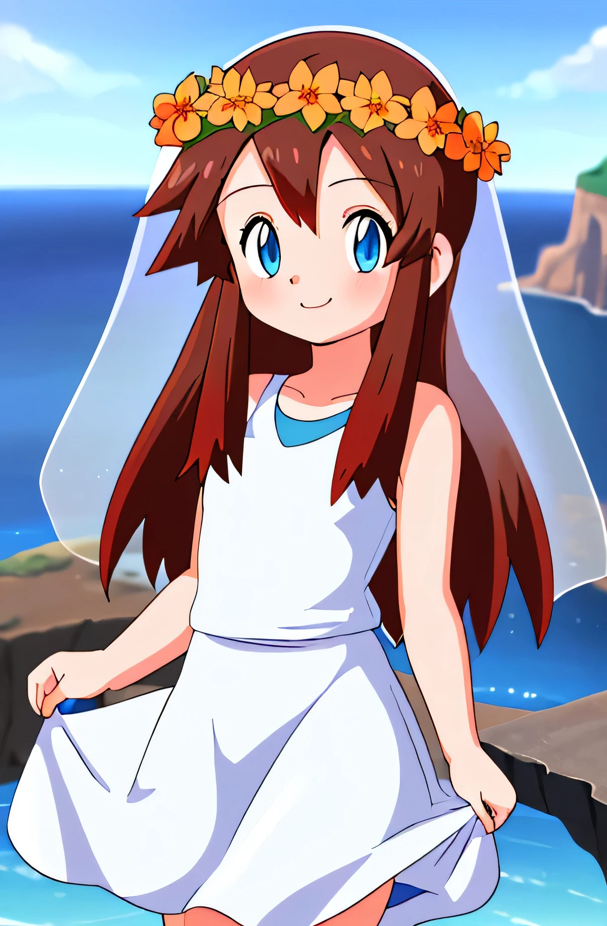 Melody_Pokemon, blue eyes, long hair, brown hair, sleeveless white dress, blue tank top, bridal veil, flowers, head wreath, smile, ocean, cliff, cowboy shot, facing viewer,, absurdres, ultra detailed, masterpiece, best quality, Teenager
