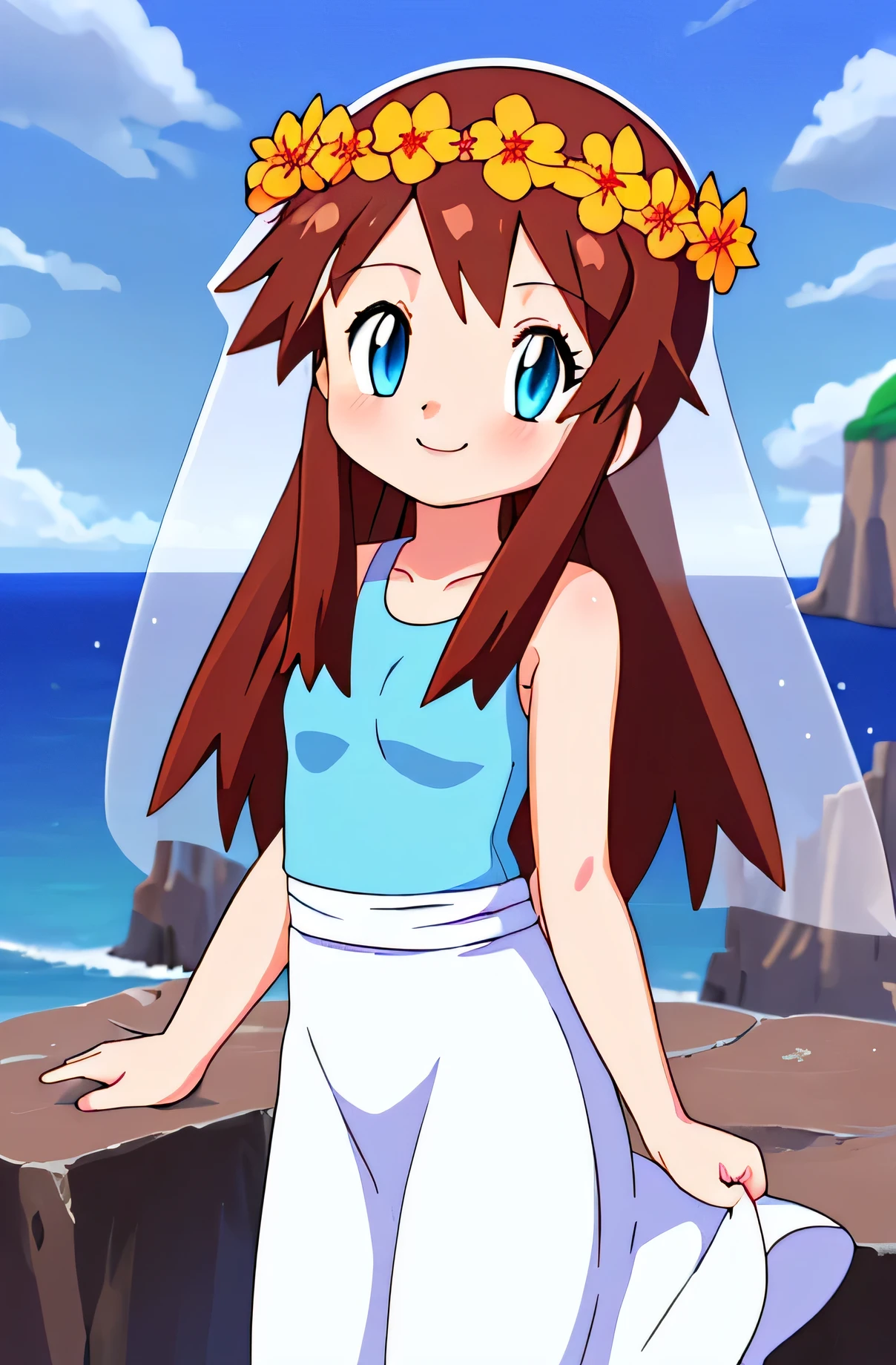 Melody_Pokemon, blue eyes, long hair, brown hair, sleeveless white dress, blue tank top, bridal veil, flowers, head wreath, smile, ocean, cliff, cowboy shot, facing viewer,, absurdres, ultra detailed, masterpiece, best quality, Teenager
