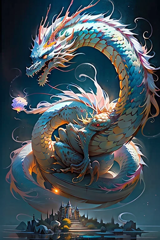 Skeleton Dragon。top-quality、​masterpiece、超A high resolution、Chinese Dragon、(Length:1.2)、(Fine:1.2)、length hair、sharpteeth、golden eyes、tooth、Giant bird、outside of house、is standing、Scale、cloud、banya、from the rear、s Armor、Sky、open open mouth、antagonism、Charge、The Monster、white scales、White glowing scales、Size difference、white  hair、architecture、valleys、(lifelike textures:1.2)、(Glowing multicolored scales:1.2)、(realistic detailed:1.2)、nffsw、Ultra-detailed 3D modeling like Tim Burton、 Dale Chihuli、Xiaolongcheng、by Cyril Rolando、and Junior.Other authors, Giger style painting, etc., It's just as magical。Shadows and lighting intertwined、Creates a vivid effect。
