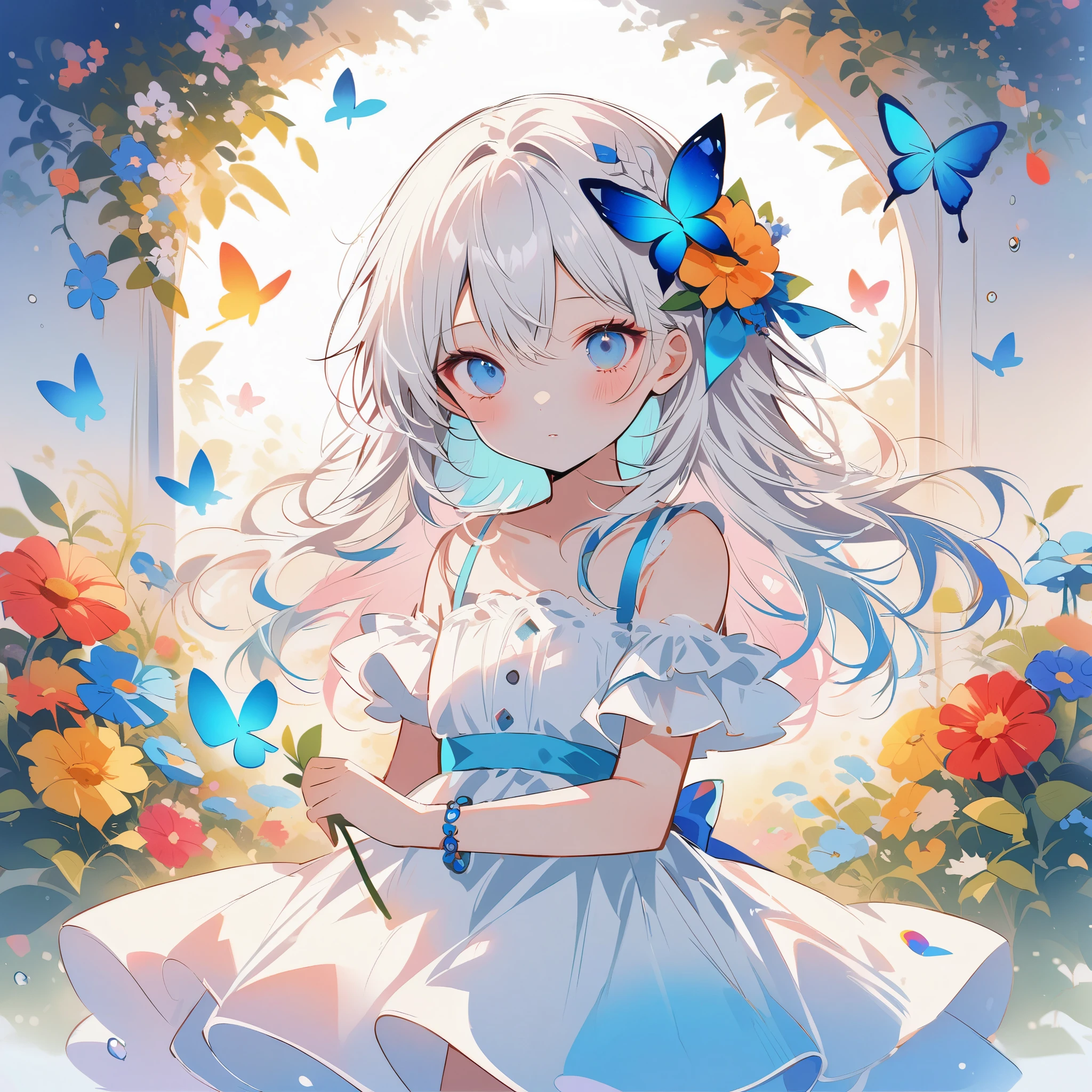 masterpiece,best quality,high quality,(colorful),Artist onineko,1girl,li,flower,solo,hair ornament,dress,bug,butterfly,blue eyes,hair flower,long hair,holding,looking at viewer,blue flower,white dress,blue butterfly,bare shoulders,food,fruit,hair between eyes,strapless dress,strapless,jewelry,collarbone,white hair,blush,ribbon,standing,plant,closed mouth,bracelet,water drop,blue ribbon,leaf,