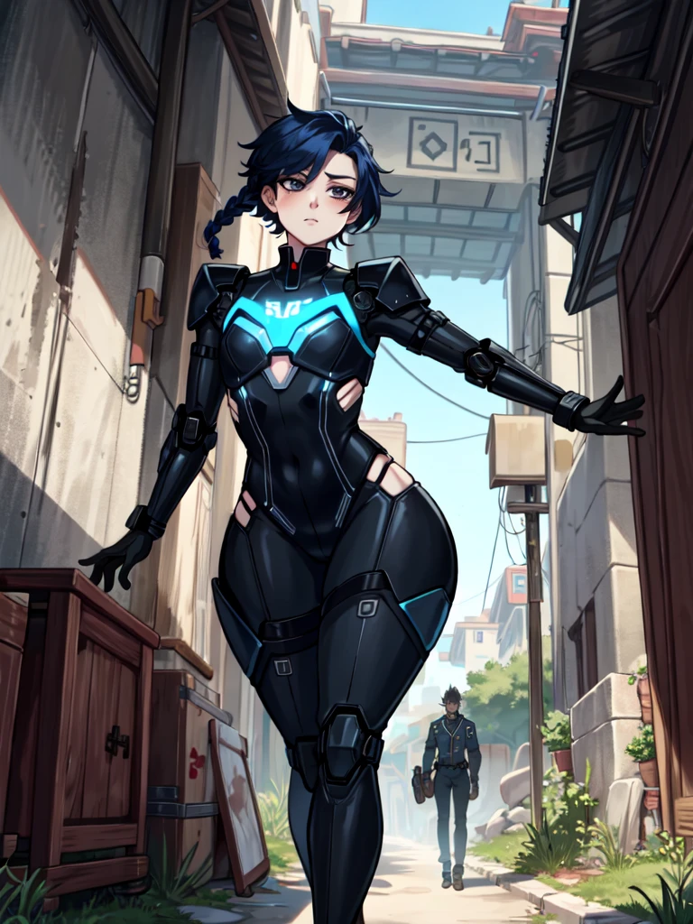android, femboy, male, joints, robot, black eyes, midnight blue hair, circuits running through skin, braided hair, uniform, curvy, flat chest, male chest, 1boy, solo, wide hips, big ass