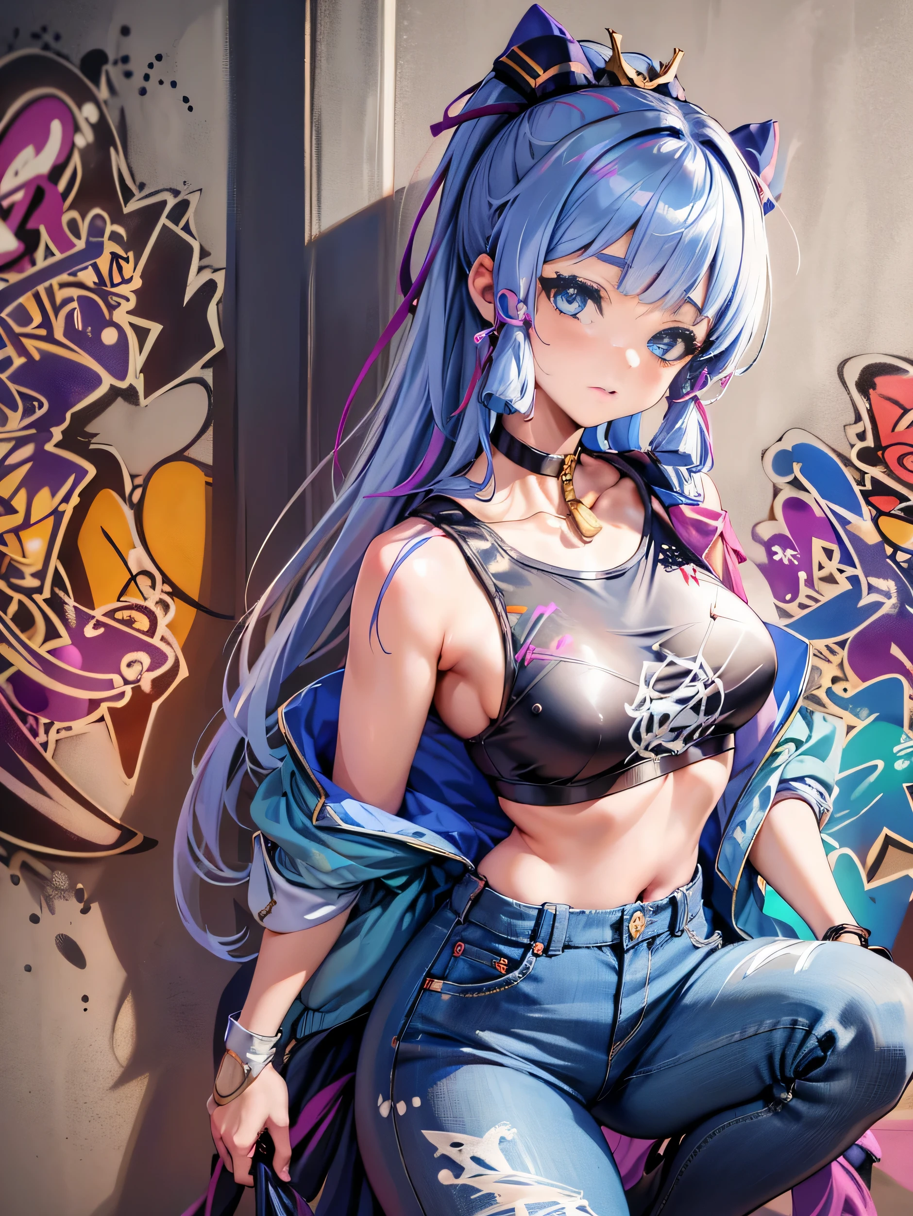 kamisato ayaka|genshin impact, master-piece, bestquality, 1girls,25 years old, proportional body, elongated legs, Beautiful, proportional., crop top, Long Jeans, mediuml breasts, ,bara, crop top, choker, (Graffiti:1.5), Splash with purple lightning pattern., arm behind back, against wall, View viewers from the front., Thigh strap, Head tilt, bored,