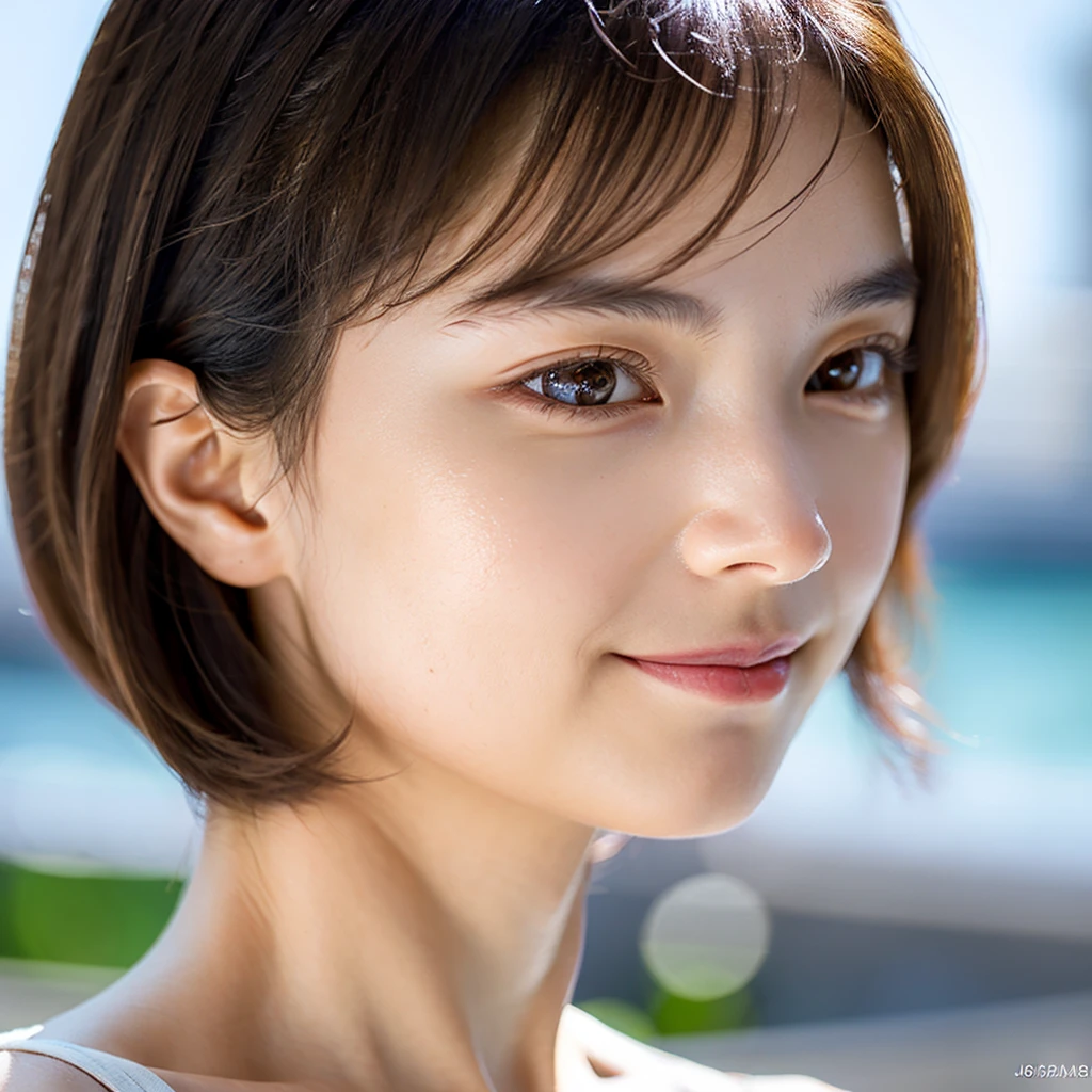 Kai Hata, One girl, (masterpiece),((Very detailed)), (expensively detailed CG illustration),(Expressionless), (highest quality:1.2),Realistic 8K UHD,High resolution,(One girl:1.2),High-quality texture,Intricate details,Detailed Texture,In detail,expensive detail,Very detailedCG,High Quality Shadows,Realistic facial expression,Beautiful and delicate face down to the last detail,Beautiful and delicate eyes, Brown pupil, perfectly balanced face,Depth of written boundary,Cinematic Light,Lens flare,Ray Tracing,perspective,20th Generation, prominent nose,Narrow Face,背のexpensive女の子, (Big eyes:1.2),blush,glossy lips,Perfect body,Lean Your Body,Particles of light,(Tight waist:1.3), clear_image, expensive_solve, (Shiny skin), Focus Only, (brown hair), (In detail beautiful eyes and Detailed face),(Detailed face), (Striped Hair), Light source contrast, short hair, ((smile)), (Purelos Face_v1:0.5) , (Ulzzang-6500-v1.1:0.5),applying lipstick