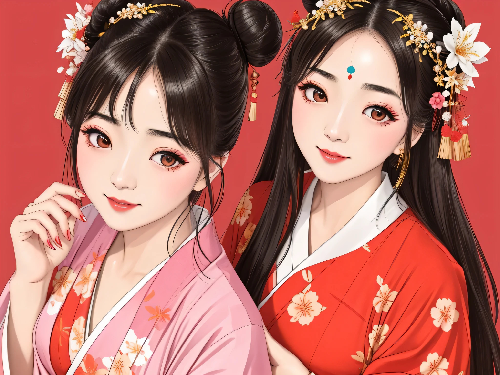 Each has a different expression２People and sisters、(２ girls）、｟Dancing traditional performing arts gracefully)、((Big Breasts、Small Face、Not exposed))、highest quality、masterpiece、（Black Hair、Bun Hair）、Brown Eyes、｟Wide angle、Angle from above, from the waist up、Pause on the magazine cover、Each person has a different perspective when looking into the distance｠、(８K high quality、masterpiece、High resolution、Realistic and beautiful light and shadow、(highest quality)、(High Resolution)、(Very delicate and beautiful)、(Beautiful 8k face)、(Smiling and closing your eyes、Beautiful eyes)、(Clear skin)、(Soft hair)、(８Head to Body)、(A Japanese style yukata kimono with red, pink and orange floral patterns on a white background, interspersed with gold powder、Five beautiful Japanese girls wearing yukata)、((Tanabata decoration background))、((Small Face))、(arms up)、Thin and small nose、（Red lipstick）、（Make your cheeks red）、（Glossy skin）、((Ink painting style))、Very thin eyebrows、Overall ultra-high image quality、（She is wearing maiko-style makeup.）、Whitening、Long and beautiful eyelashes、Glowing Skin、（Red cheeks）,Straight nose、masterpiece、highest quality、whole body、 Eyebrows visible through hair、Bun Hair、Grin、Gal、Kogal、Viewer&#39;s Eyes、Plaid、Stylish、woman、fine、Pause、
Waiting to start 
