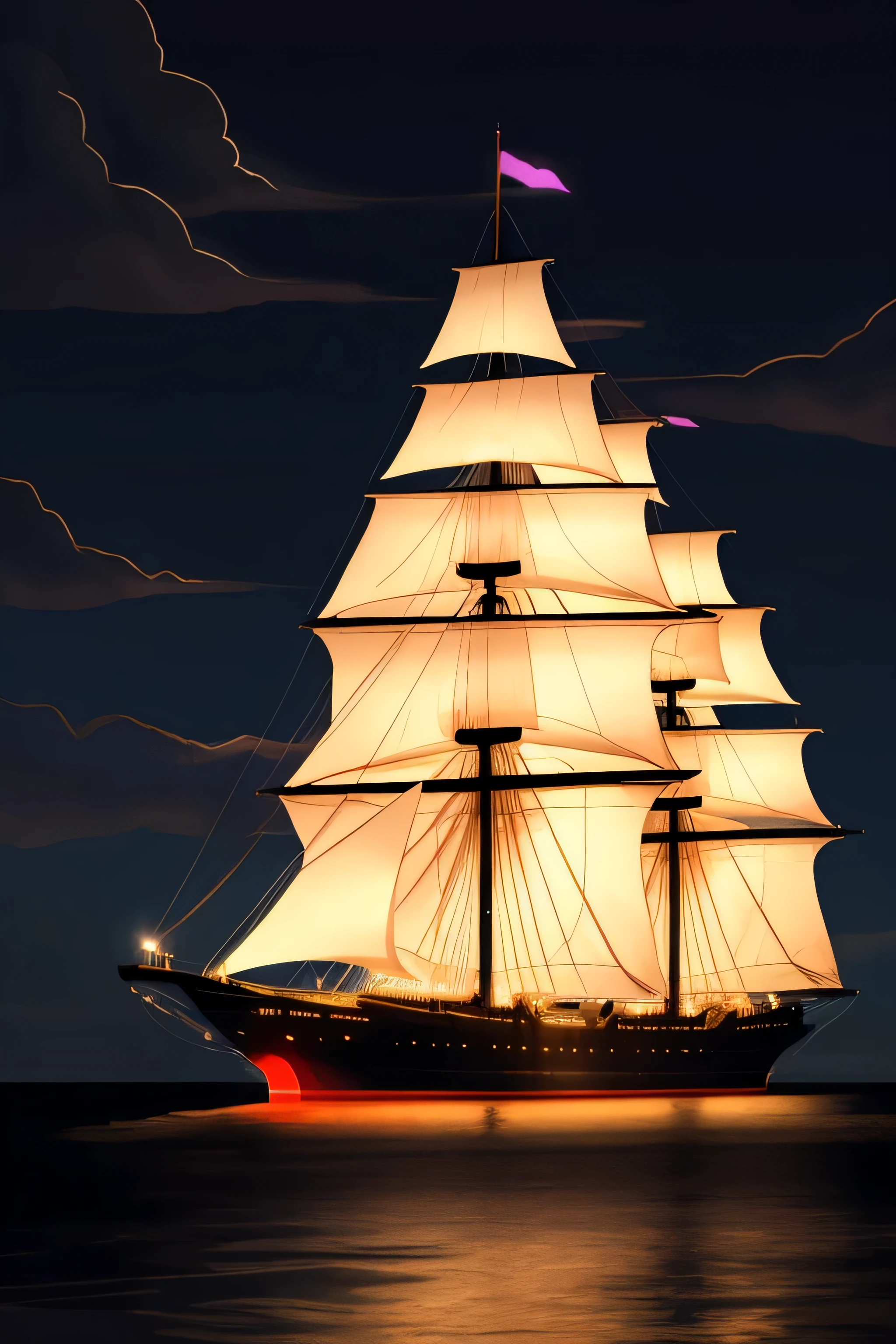 Neon Light Art, in the darkness of the night, A large ship sails , cloud, performer, colorful, detailed, 4K、The ship looks small far from the shore、
