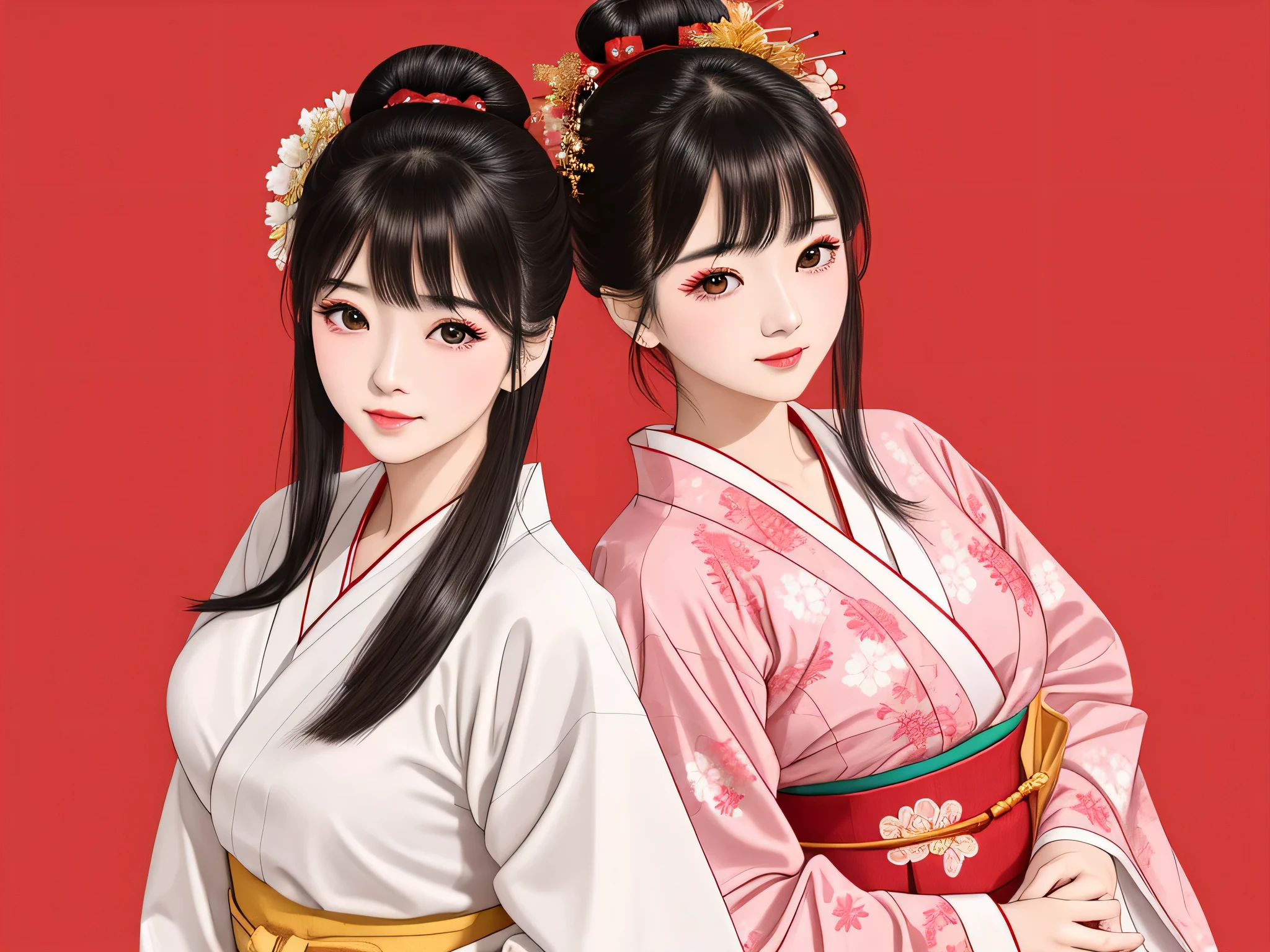 Each has a different expression２People and sisters、(２ girls）、｟Dancing traditional performing arts gracefully)、((Big Breasts、Small Face、Not exposed))、highest quality、masterpiece、（Black Hair、Bun Hair）、Brown Eyes、｟Wide angle、Angle from above, from the waist up、Pause on the magazine cover、Each person has a different perspective when looking into the distance｠、(８K high quality、masterpiece、High resolution、Realistic and beautiful light and shadow、(highest quality)、(High Resolution)、(Very delicate and beautiful)、(Beautiful 8k face)、(Smiling and closing your eyes、Beautiful eyes)、(Clear skin)、(Soft hair)、(８Head to Body)、(A Japanese style yukata kimono with red, pink and orange floral patterns on a white background, interspersed with gold powder、Five beautiful Japanese girls wearing yukata)、((Tanabata decoration background))、((Small Face))、(arms up)、Thin and small nose、（Red lipstick）、（Make your cheeks red）、（Glossy skin）、((Ink painting style))、Very thin eyebrows、Overall ultra-high image quality、（She is wearing maiko-style makeup.）、Whitening、Long and beautiful eyelashes、Glowing Skin、（Red cheeks）,Straight nose、masterpiece、highest quality、whole body、 Eyebrows visible through hair、Bun Hair、Grin、Gal、Kogal、Viewer&#39;s Eyes、Plaid、Stylish、woman、fine、Pause、
Waiting to start 
