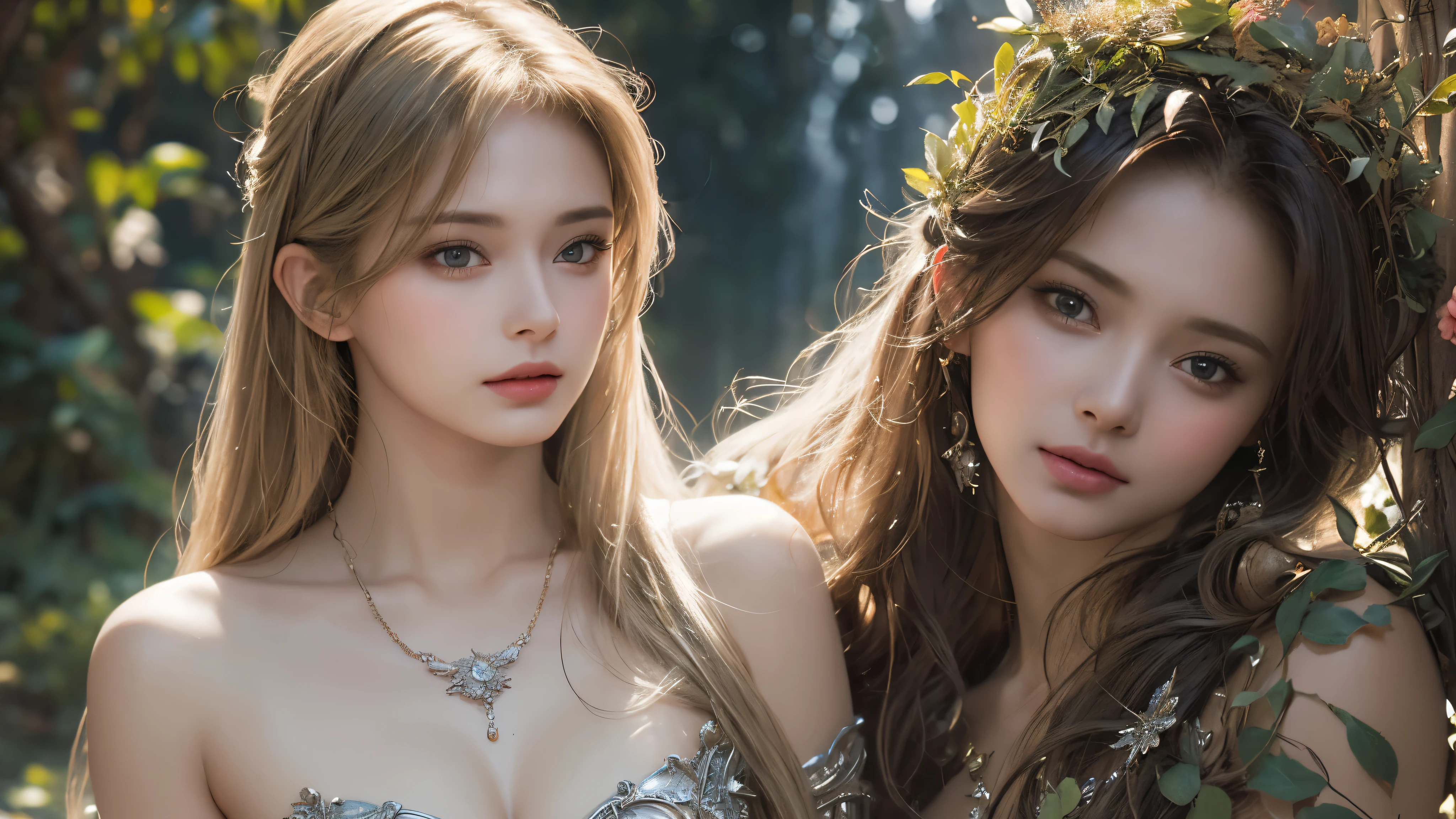 A beautiful masterpiece by Luis Royo, a realistic and top quality depiction of a beautiful girl with shiny, natural skin. This surreal portrait captures the essence of youth and beauty, with intricate details. Costume made from sexy leaves, sexy posture. Beautiful beach and waterfall views.