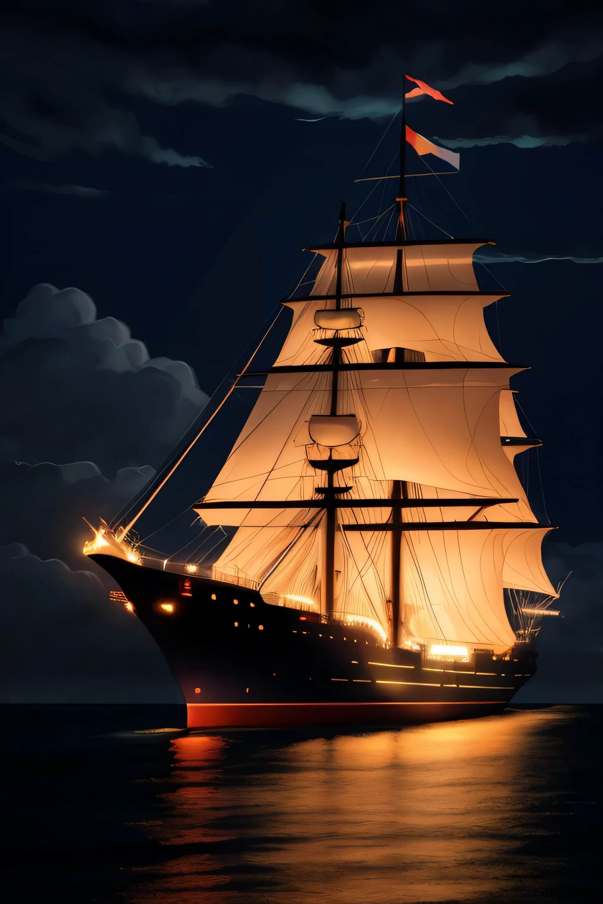 Neon Light Art, in the darkness of the night, A large ship sails , cloud, performer, colorful, detailed, 4K、The ship looks small far from the shore、