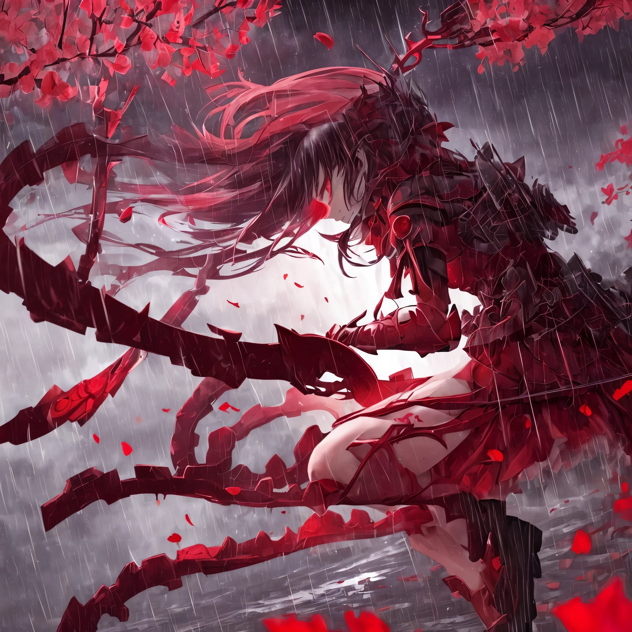 Night, Battle, Crimson Moon, Rain of Red Petals, Gears Suspended in the Air in the Distance