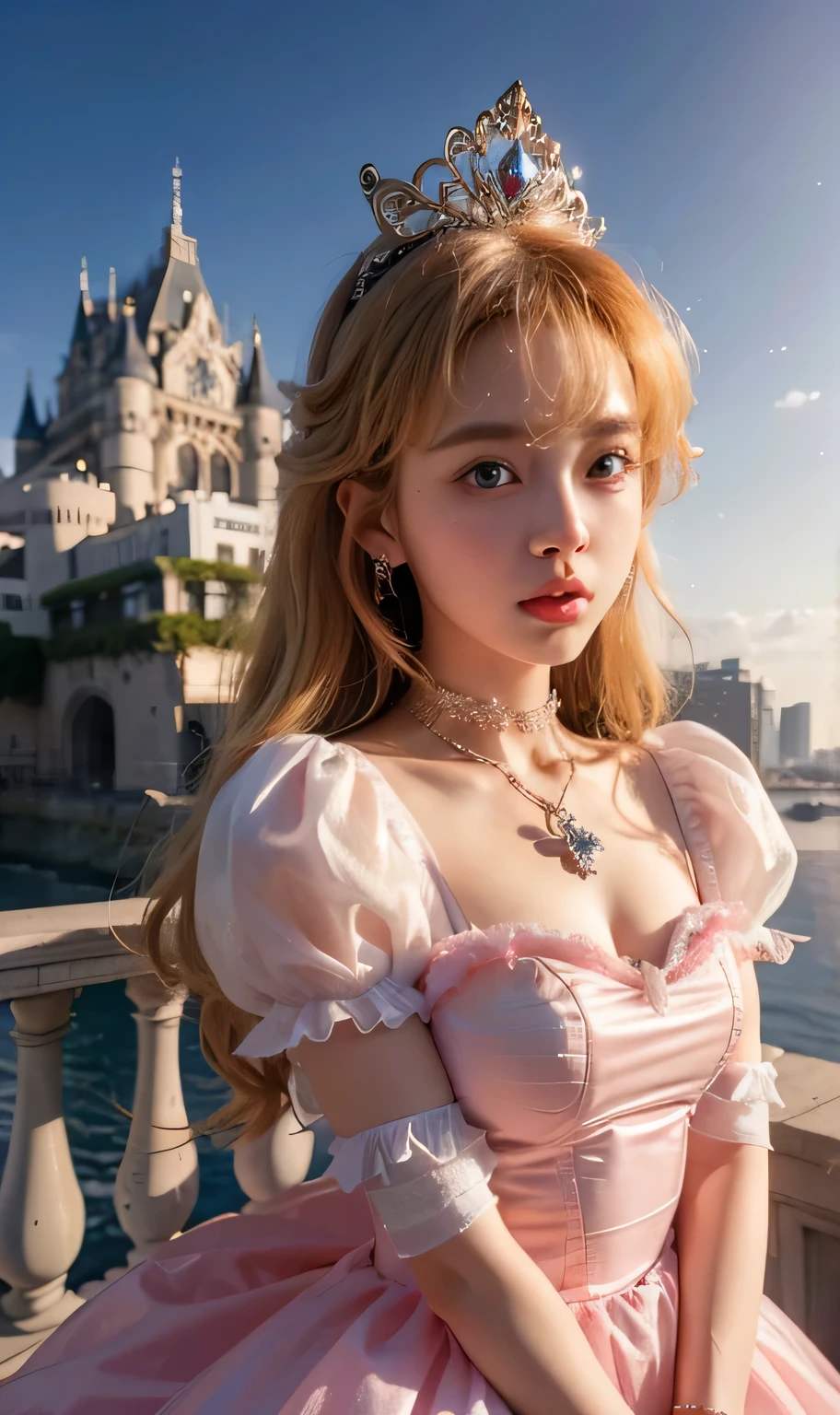 Absurd, One girl,Mid-chest, Star Eye, (Princess Peach), blush, (Realistic:1.5), (blue eyes:0.8), (masterpiece, Extremely detailed CG unity 8k wallpaper, highest quality, High resolution:1.2), (Ultra_detailed, 超High resolution:1.2), (pixiv:1.3), Perfect lighting, clear, (One girl:1.4), (beautiful girl:1.2), View your viewers, Unreal Engine, Side light, Perfect Face, detailed face, bangs, Perfect body, Beautiful Eyes, Pretty face, (Light Skin:1.4), Idol, Ulzzang-6500-v1.1, city,