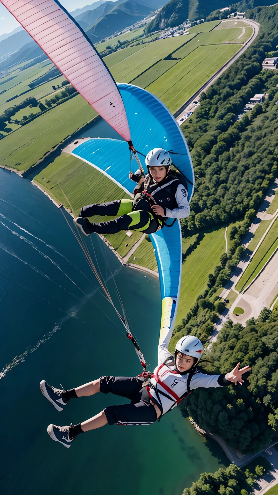 Beautiful 24 Years Korean Girl, Paragliding On switzerland alaps valley, ((On air)), ((Paragliding)), Solo, Air, Realistic, Ultra HD, 8k unity walpaper, Ray Tracing, Girl Watching Downside, (Red T-shirt), (pink half trouser), detailed background, Detailed skin, detailed dress , Real Paragliding, Landing On Ground, (Touching ground), ((paragliding Landing on Grass fields)),