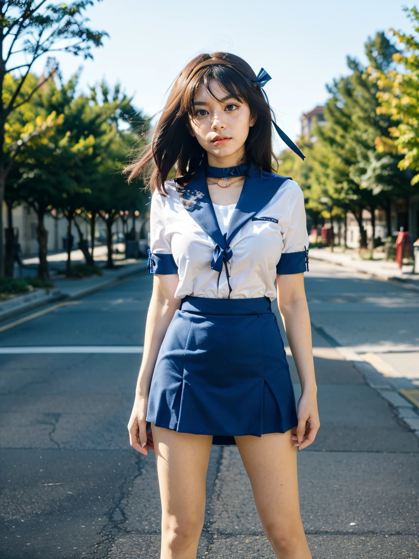 (1 lady), (Best quality at best:1.4), (ultra - detailed), (extremely detailed CG unified 16k), A Beautiful Woman with Perfect Figure: 1.4, Sharp Focus: 1.2, very detailed, High-definition RAW color photo, professional photoshooting, amazing face and eyes, cosmetics, (amazingly beautiful girl), ((suzumiya haruhi)), ((kita high sch0ol uniform, blue sailor collar, blue skirt, armband, hairband, medium hair, ribbon, socks)), standing posture, nature, tree, park, (look from down), realistic cinematic face, head to feet long wide zoomed out view, full body long view, photorealistic, ((realistic natural caramel brown hair style, brown eyes)), gorgeous, extremely beautiful face, perfect model beauty, pout mouth, Highly Detailed Face and Skin Texture, Detailed Eyes, Double Eyelids, Medium Breasts, smiling hard, cleavages, western, (masterpiece), best quality, high resolution, extremely detailed, blurred background, depth of field, cinematic lighting, amazing legs, high heels, clear and well-cared skin