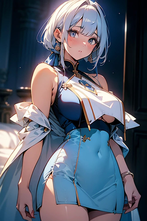 anime,1girl,pov,masterpiece,high quality,High resolution,HD,4K,8K,viscous paint,photo realistic,white hair,(Blue clothe:1.5),Nurse,(Ao Dai:1.2),Cape,(open shoulders:1.4),underbust,(breastshaping:1.2),(boob shaped clothes:1.3),mini tight Skirt,Clothes full of gaps