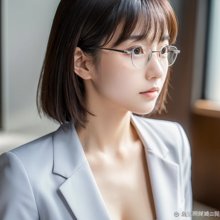 I&#39;is working、sexy、Inconspicuous、quiet、beautiful girl、Japanese、Beautiful breasts、Short Bob、suit、Round face、thin, Round glasses with silver rims、job hunting、Big Breasts,Ultra-Realistic Capture, Very detailed, High resolution 16K human skin closeup. Skin texture must be natural, So detailed you can even see pores. Skin looks healthier, In a uniform tone. Use natural light and color,(RAW Photos, highest quality), highest quality, Very detailed, masterpiece, Very detailed、Mole