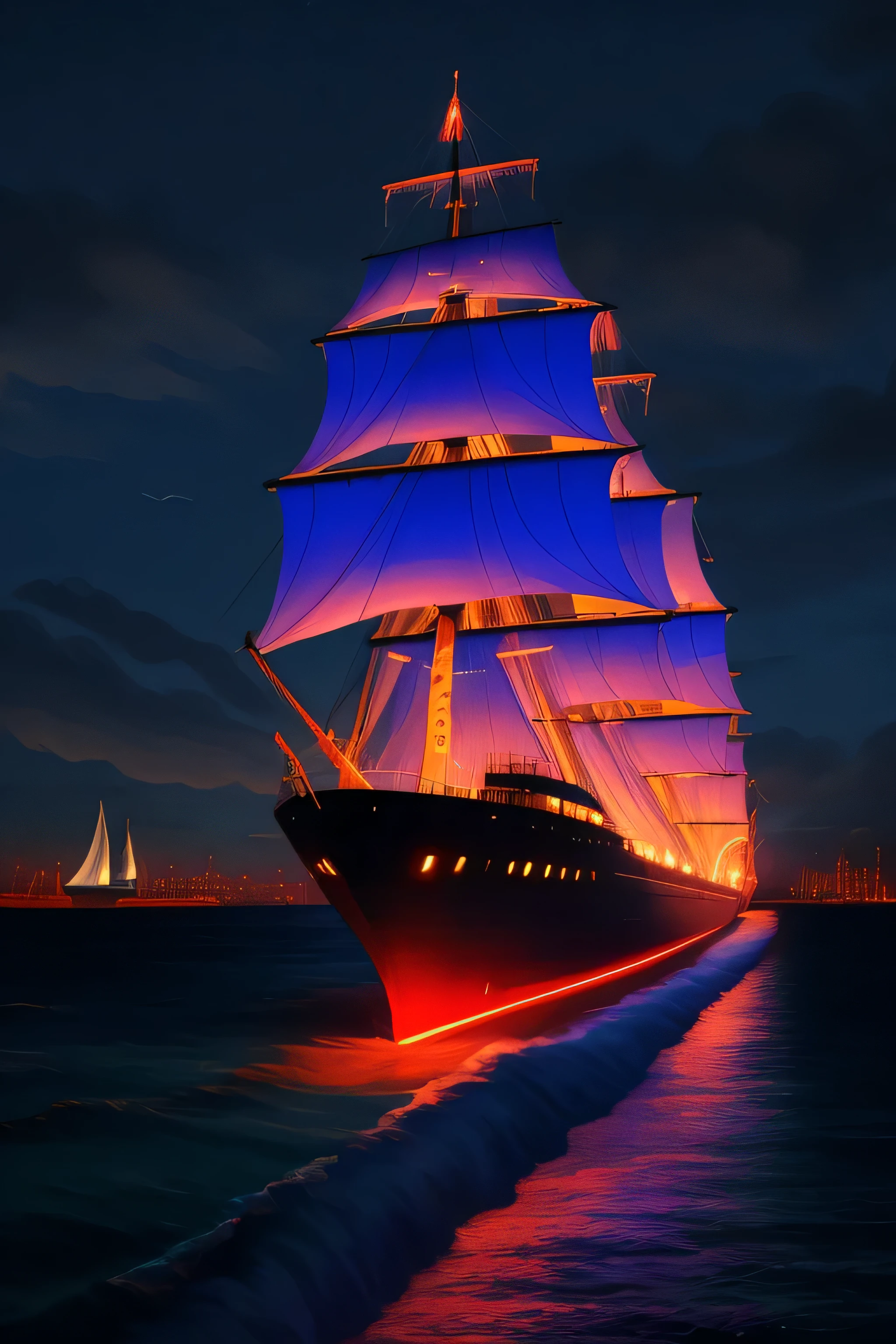 Neon Light Art, in the darkness of the night, A large ship sails , cloud, performer, colorful, detailed, 4K、The ship looks small far from the shore、