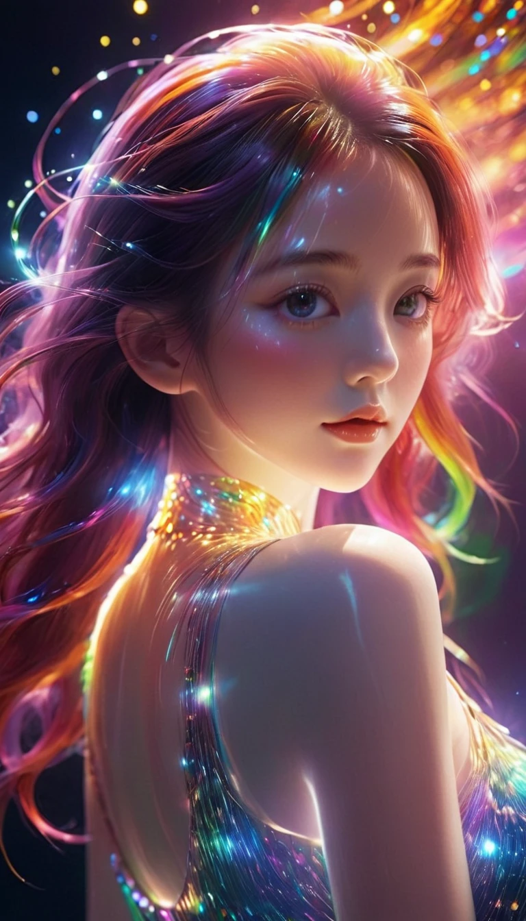 {{masterpiece}}, highest quality, Highly detailed CG synthesis 8k wallpaper, Cinema Lighting, Lens flare, Beautiful details in the eyes, black,  Side view,  Multi-colored hair, Rich and colorful light, particle, Heterochromia, (Rich and colorful:1.5), (Rich and colorful hair:1.5),