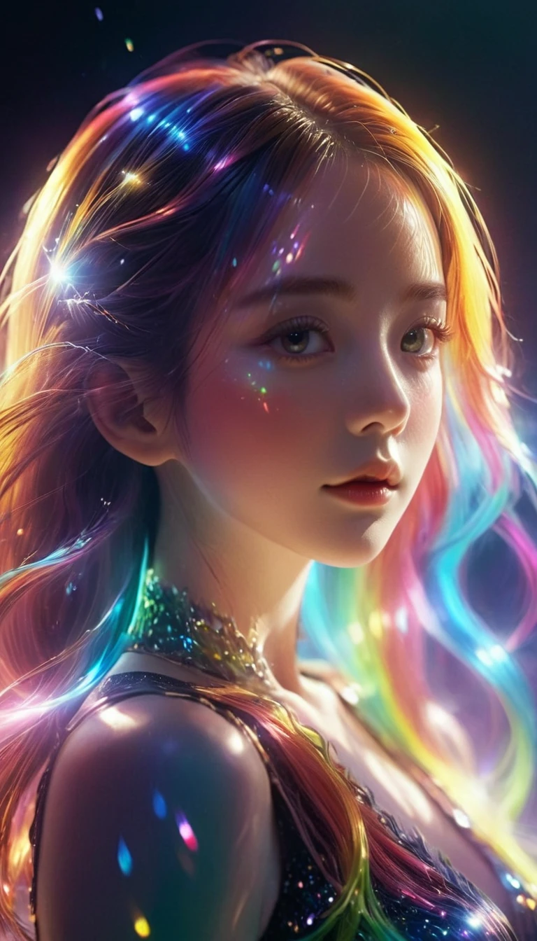 {{masterpiece}}, highest quality, Highly detailed CG synthesis 8k wallpaper, Cinema Lighting, Lens flare, Beautiful details in the eyes, black, Side view, Multi-colored hair, Rich and colorful light, particle, Heterochromia, (Rich and colorful:1.5), (Rich and colorful hair:1.5),