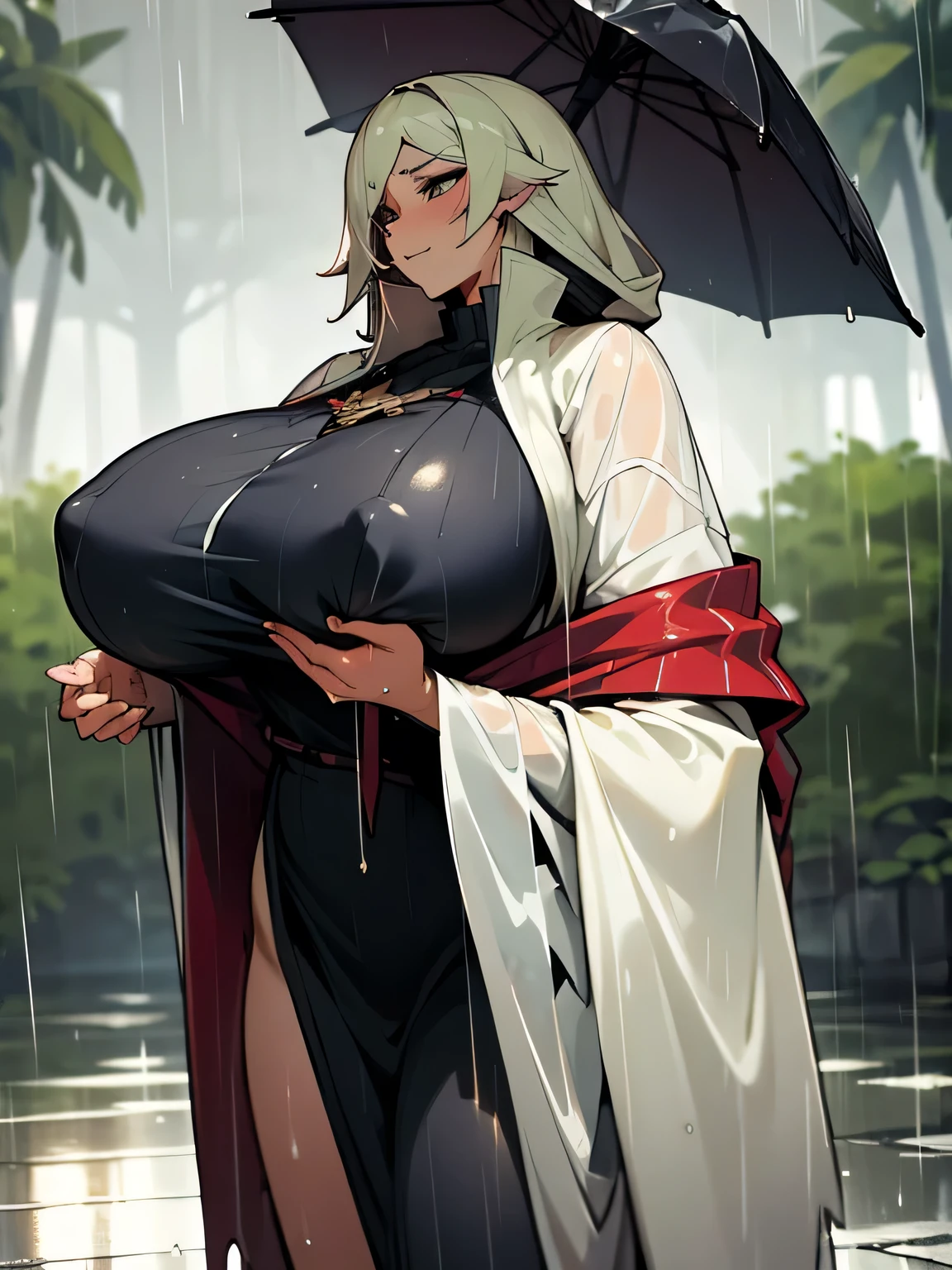 milf, gigantic breasts, sagging breasts, see through poncho, rainy weather, wet skin, wet cloth,