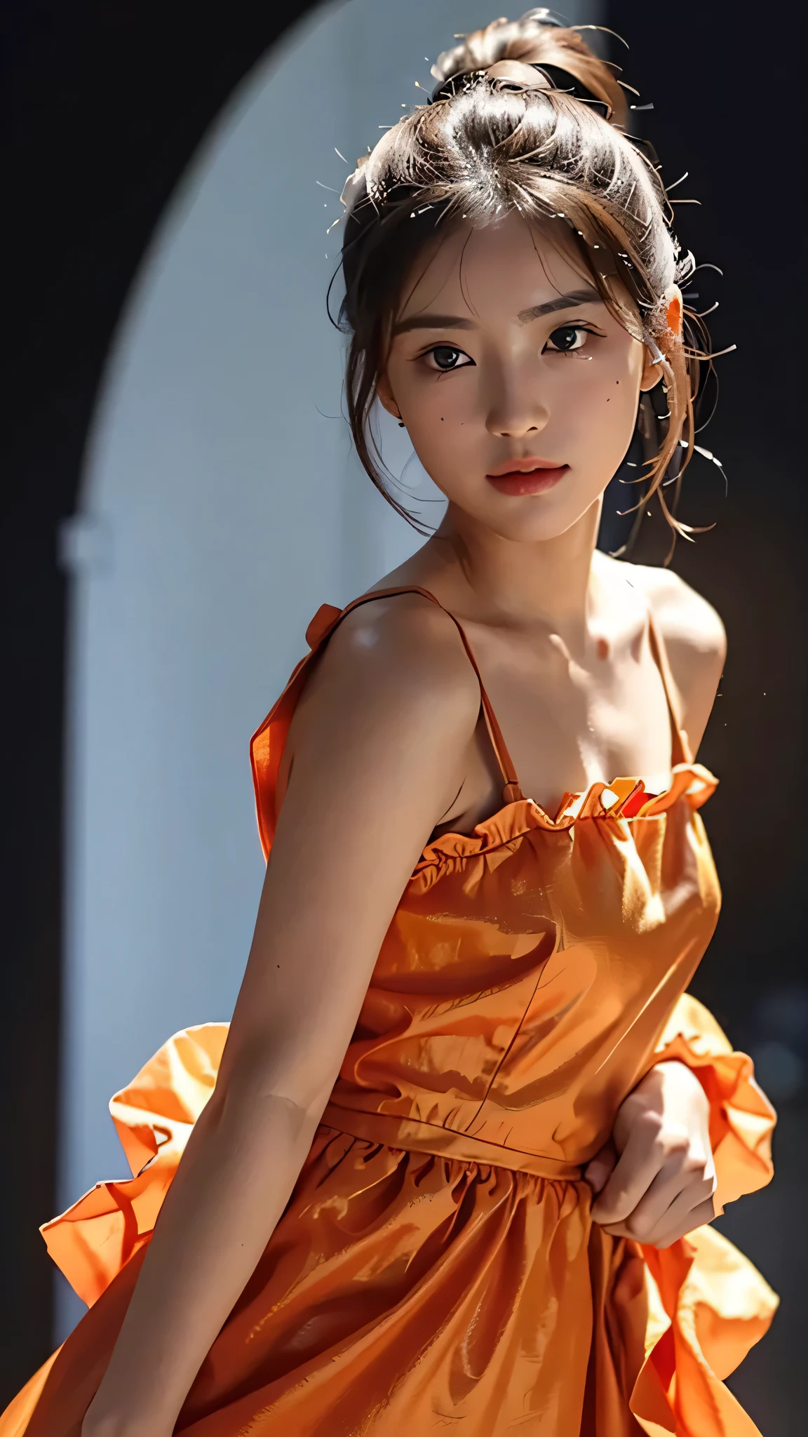 Spotlight on stage,close-up of face,One woman,fully body photo,masutepiece, The highest image quality, High quality, the background is clear，Beautiful woman, Japanese, Detailed, Detailed eyes, Detailed skin, Beautiful skin, 超hight resolution, (reality: 1.4),Very beautiful woman, Slightly younger face, Beautiful skin, slender, (Ultra photo realsisim), (hight resolution), (8K), (Very detailed) (beautifully detailed eyes), (super detailed),   (Detailed face), view the viewer, Fine details, Detailed face, Staring straight ahead, Staring straight ahead, photos realistic, Bright lighting, Professional Lighting, Black hair,poneyTail,a baby face,sixteen years old,Hairstyle is ponytail,long ponytail hairstyle,slight smile,Orange colored long dress with lots of ruffles, softly shaped skirt,