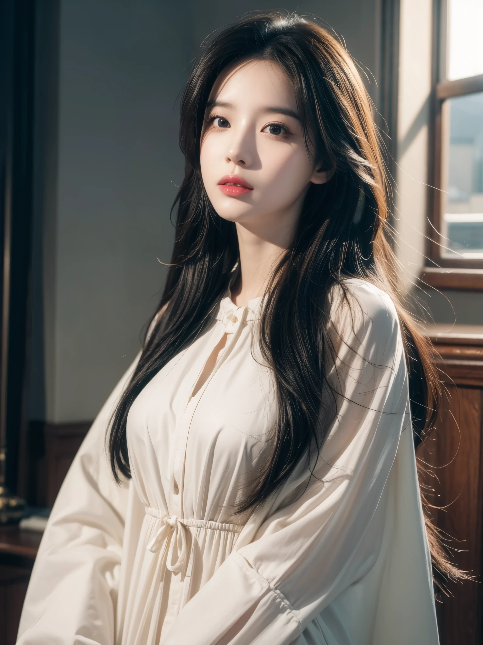 (RAW Photo, Best Quality), (Realistic, Photo Realistic: 1.3), Best Quality, Highly Detailed, Masterpiece, Hyperdetail, Illustration, 1 Girl, Dynamic Angle, World Masterpiece Theater, messy_long_hair, Best Quality, Very Detailed CG Unity 8k Wallpaper, Ink, Amazing, Cinematic Lighting, lens_flare, Full Body Image: 1.2, dunhuang_style, Flying: 1.2