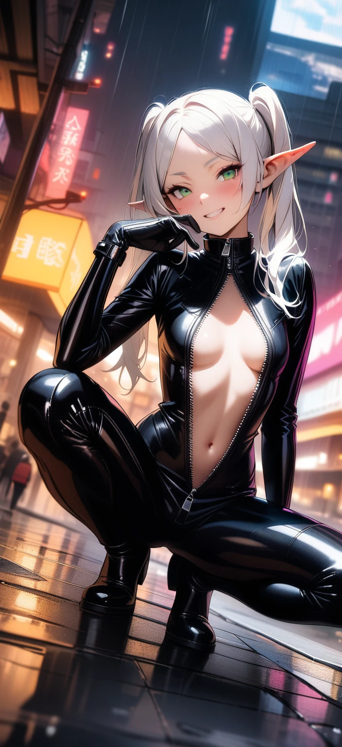 high-key and low-variance brightness scale,soft light,realistic light and shadow, light and dark interlaced,(wide shot:1.3),female focus,looking at viewer,dramatic angle,(solo:1.6)
(masterpiece),(best quality),(highres),(by famous artist),(((official art))),(by Paul Hedley),(illustration),
1girl,(frieren),(elf),agent female
(small breasts:1.3),(whole body),(round face),(pointy ears),(slim legs),(skinny body),(detailed beautiful face),lustrous skin,shiny skin,(articulated fingers),navel,stomach
(black latex suit:1.4),(zipper,center opening, unzipped,cleavage:1.3),long sleeves,gloves,leather pants,leather boots
outdoor,cyberpunk city, kowloon, rain,
((naughty face)),blush,((squatting)),sexually suggestive,bit own finger
(green eyes:1.3)
(white hair),long hair,twintails,parted bangs,(reflective hair)